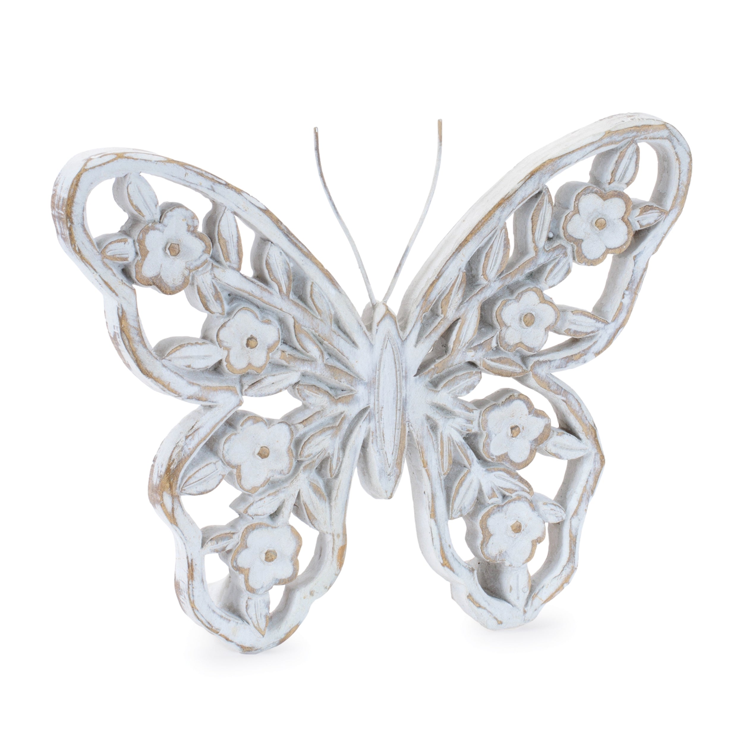 White Washed Floral Butterfly Decor (Set of 2)