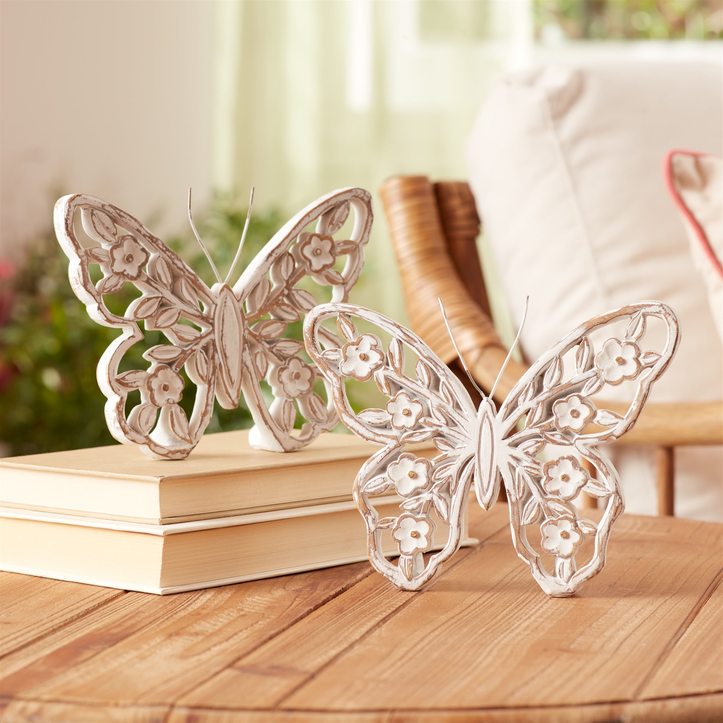 White Washed Floral Butterfly Decor (Set of 2)