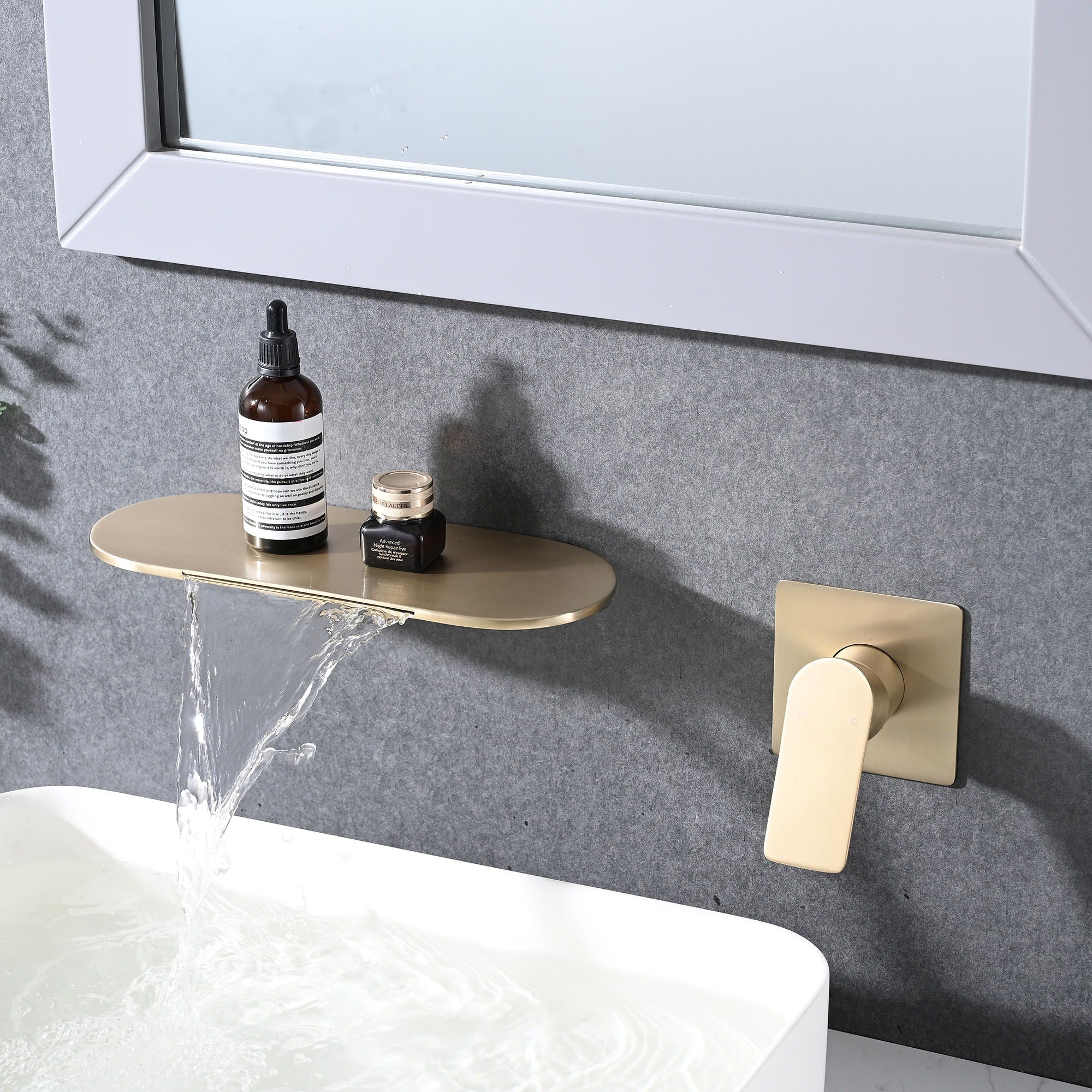 Modern Wall Mount Bathtub Faucet Single Handle With Waterfall Tub Spout And Rough - Brushed Gold