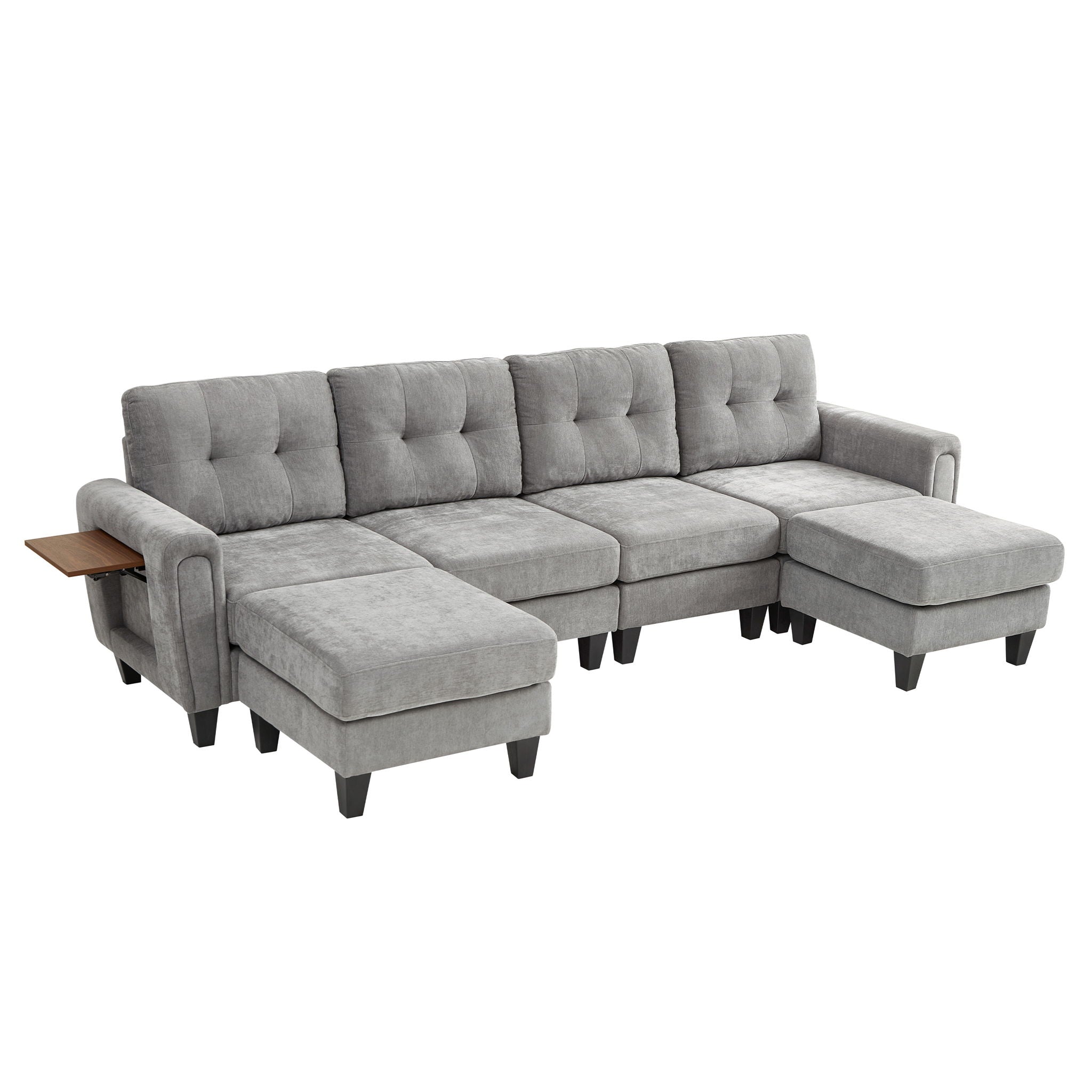Modular Sectional Sofa With Movable Ottomans, USB Ports & Side Tables