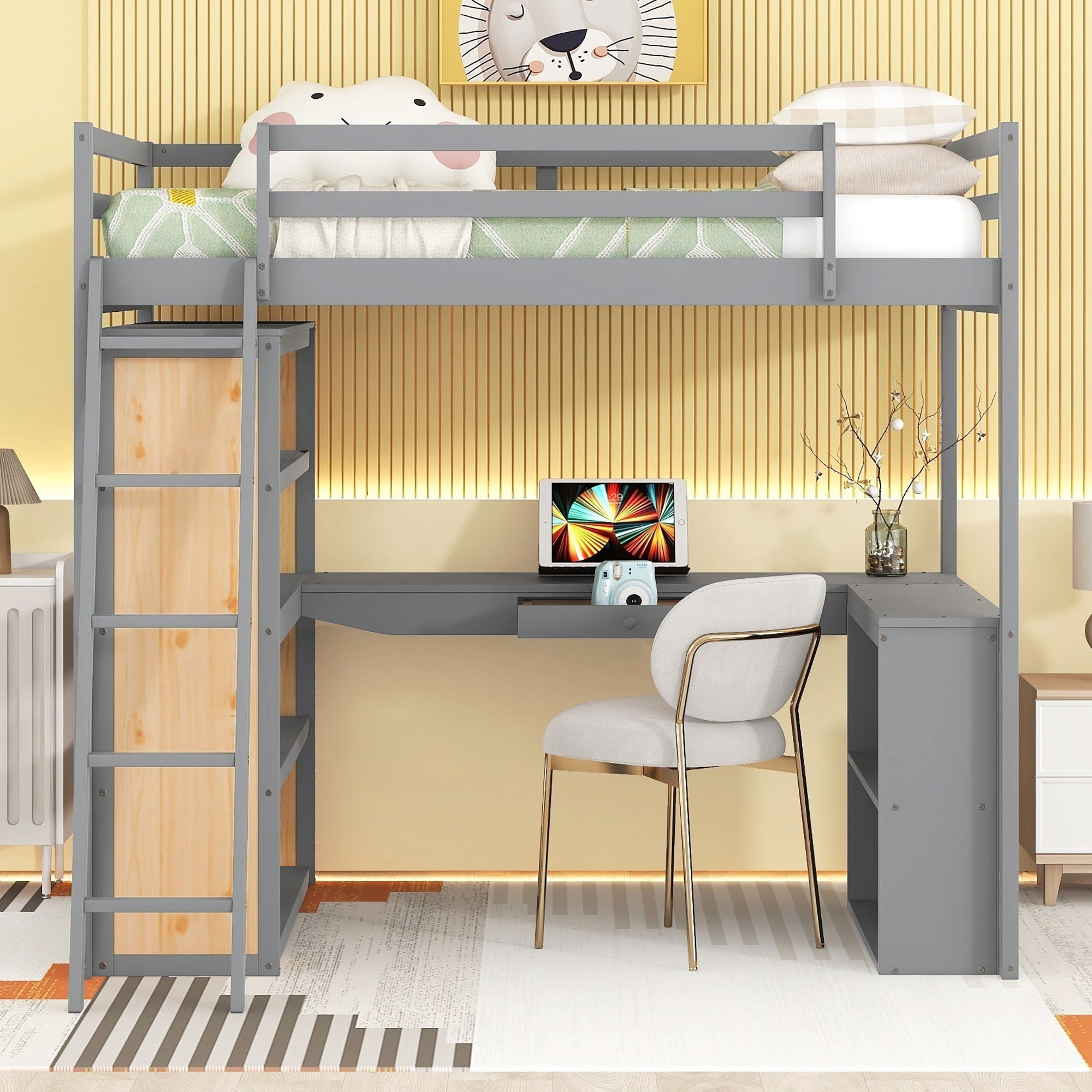 Loft Bed With Ladder, Shelves, And Desk