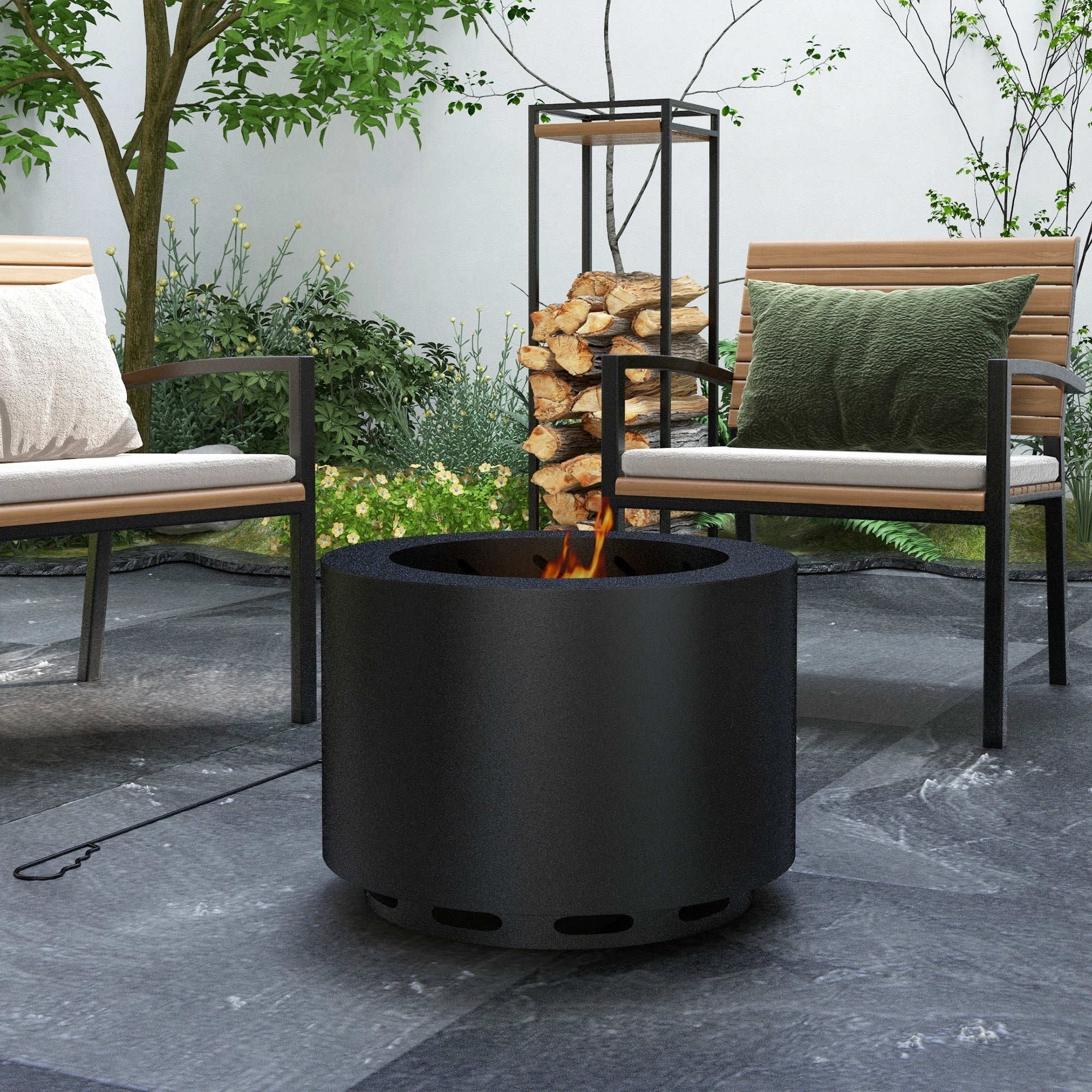 Smokeless fire pit, 19 portable wood burning firepit with poker,  black