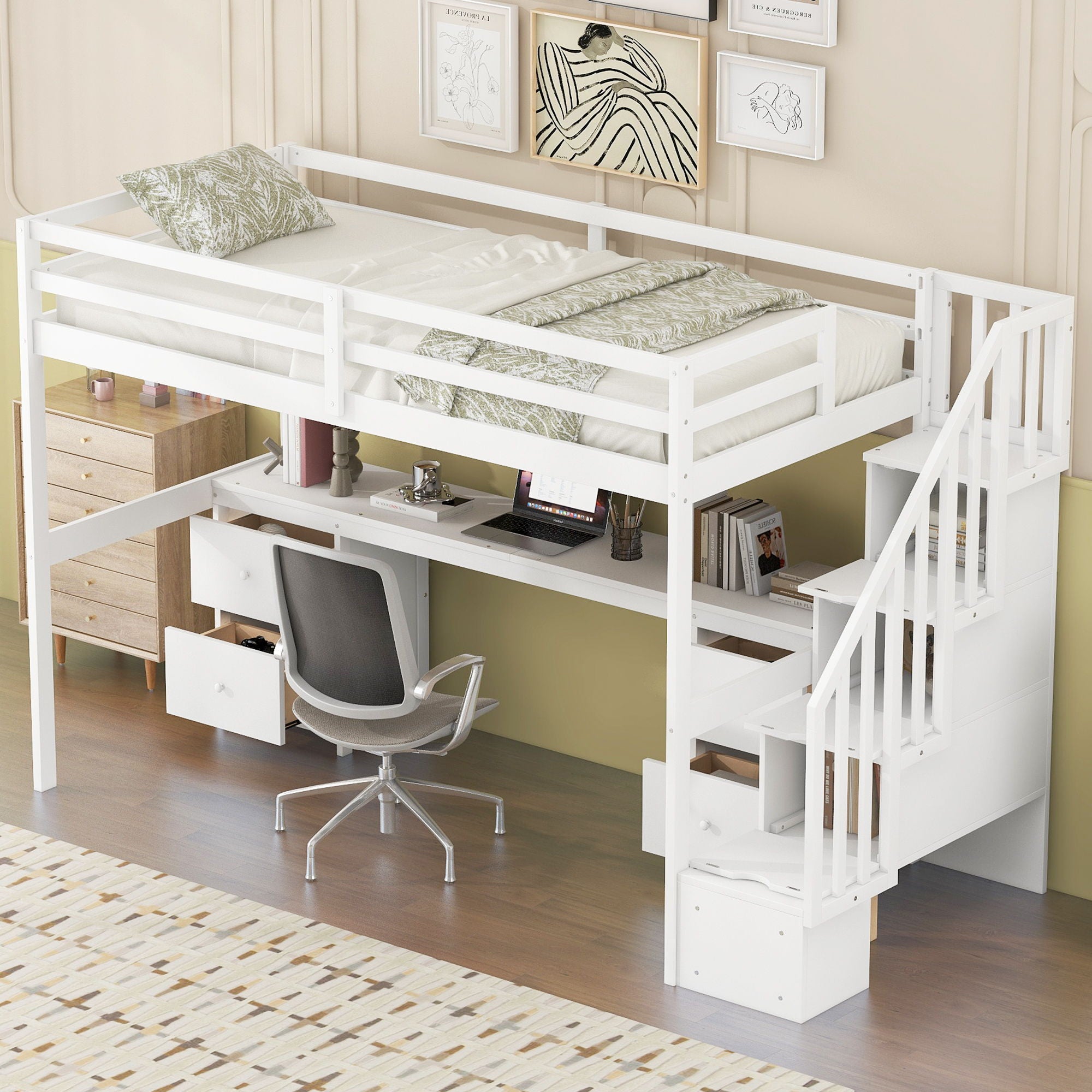 Loft Bed Frame With Built In Desk And Double Storage Drawers