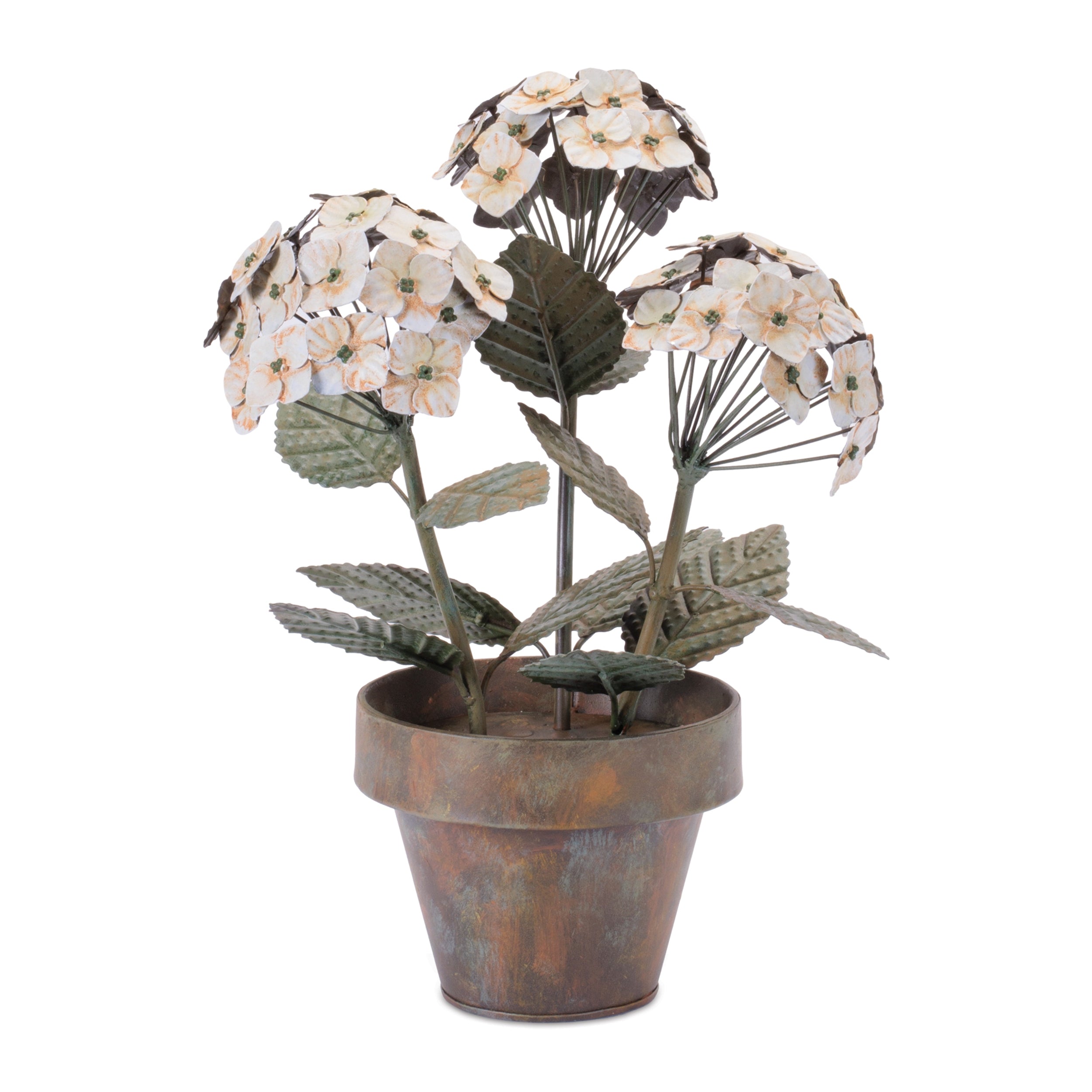 Iron Potted Hydrangea Floral Sculpture 15"H