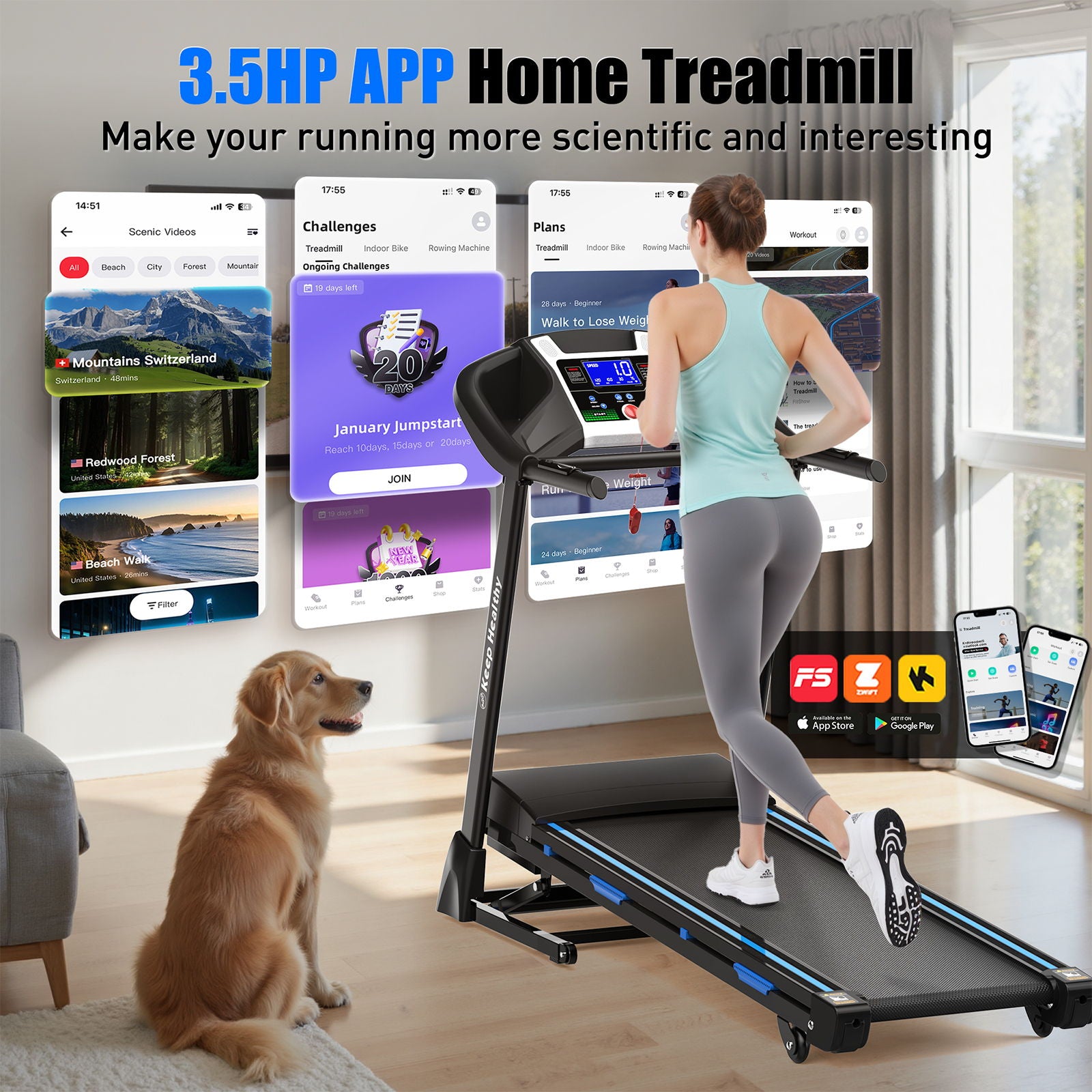 Treadmills For Home, Electric Treadmill With Automatic Incline, Foldable 3.5Hp Workout Running Machine Walking, Double Running Board Shock Absorption Pulse Sensor Bluetooth Speaker App Fitshow - Black