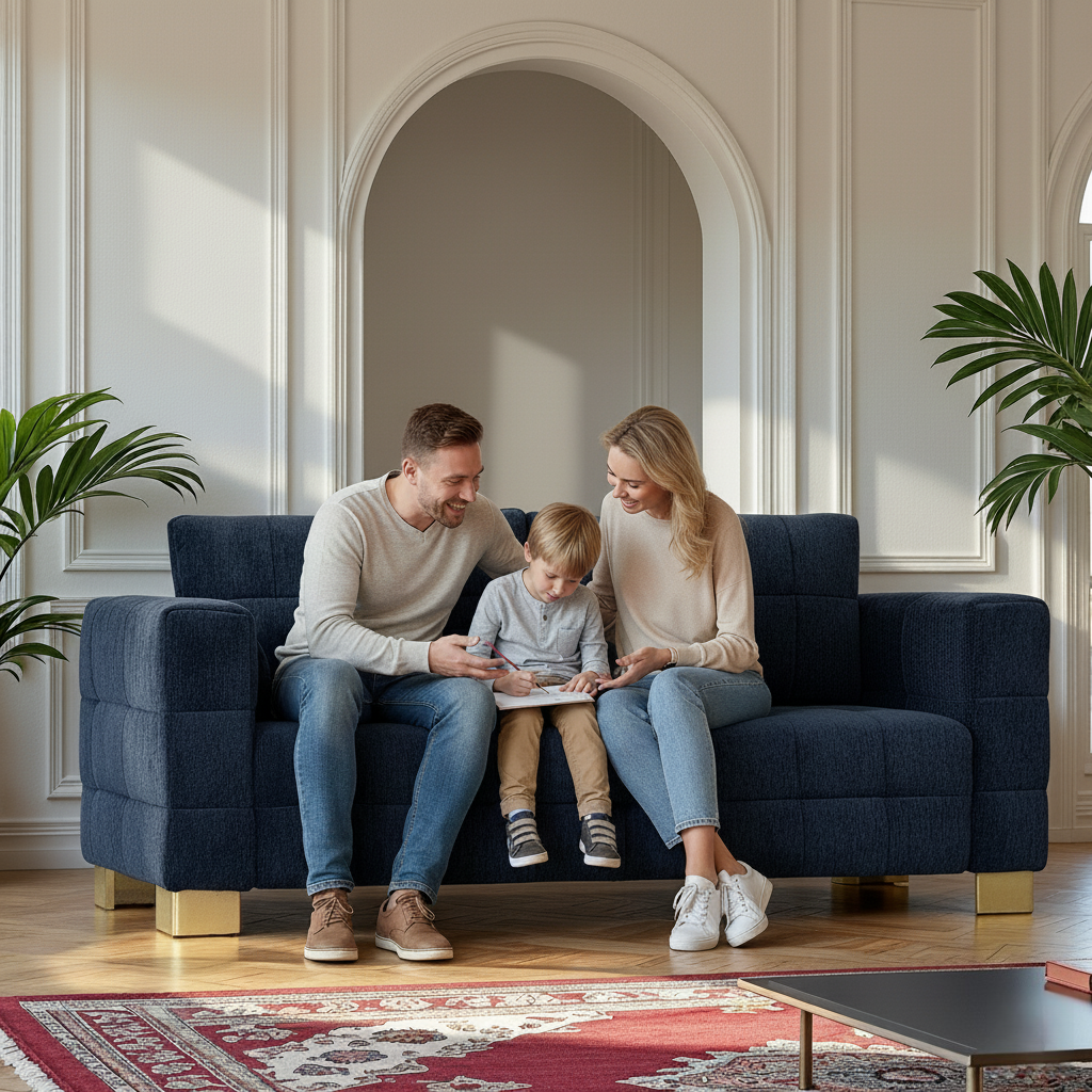 Retro Blue Chenille Upholstered 3-Seater Couch with Stainless-Steel Legs
