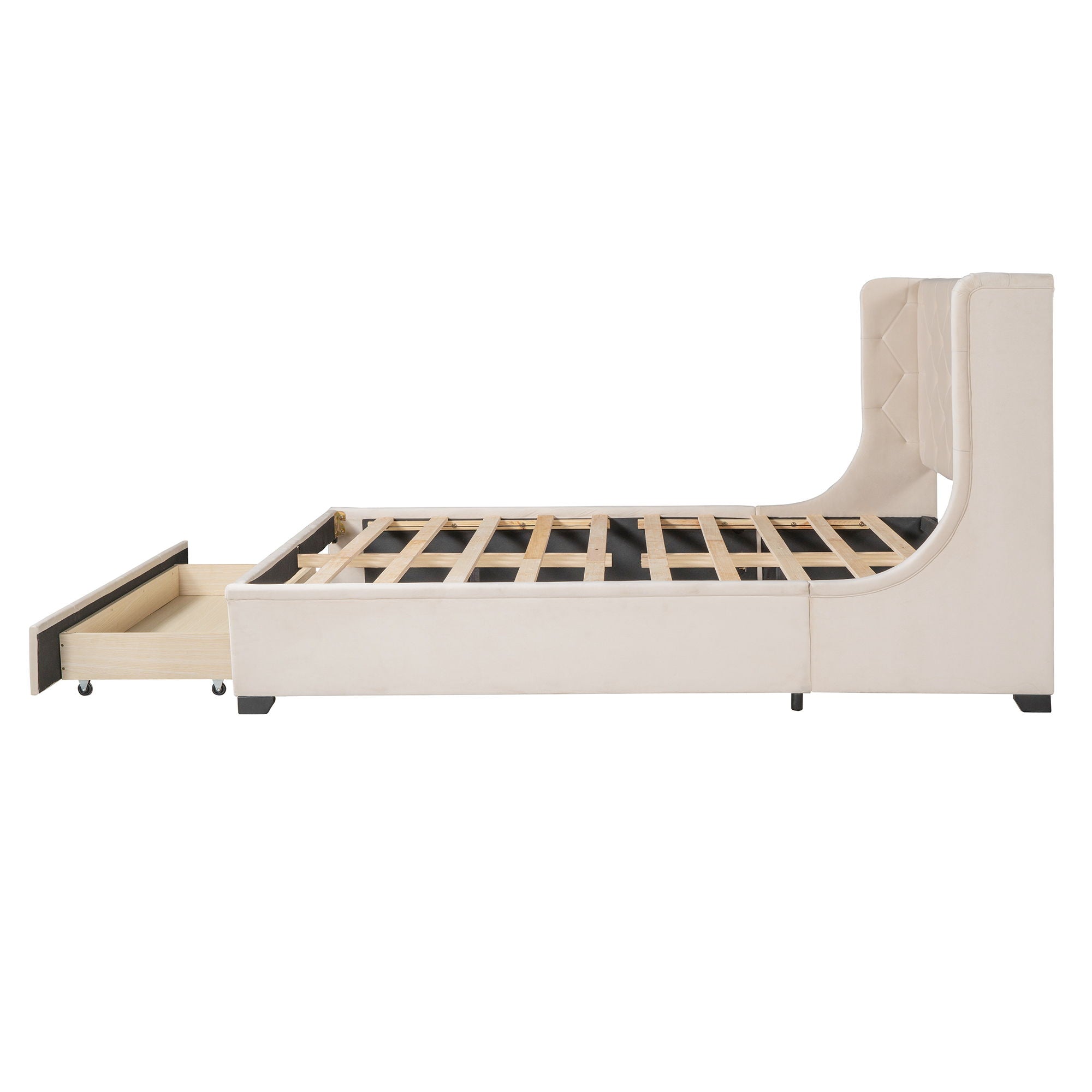 Storage Bed Velvet Upholstered Platform Bed With Wingback Headboard And A Big Drawer