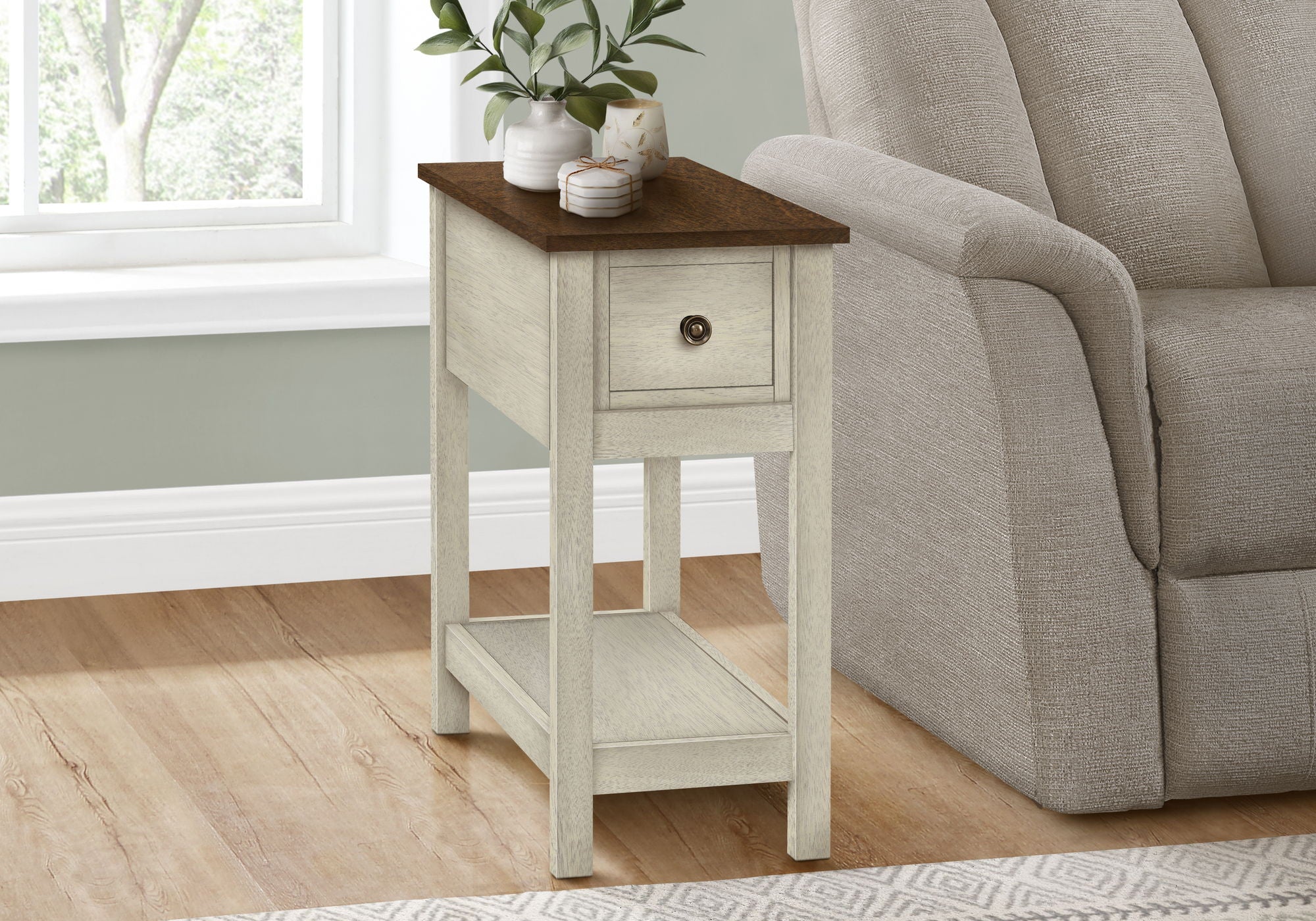 Accent End Table, 2 Tier, Narrow, Lamp, Storage Drawer, Charming Design