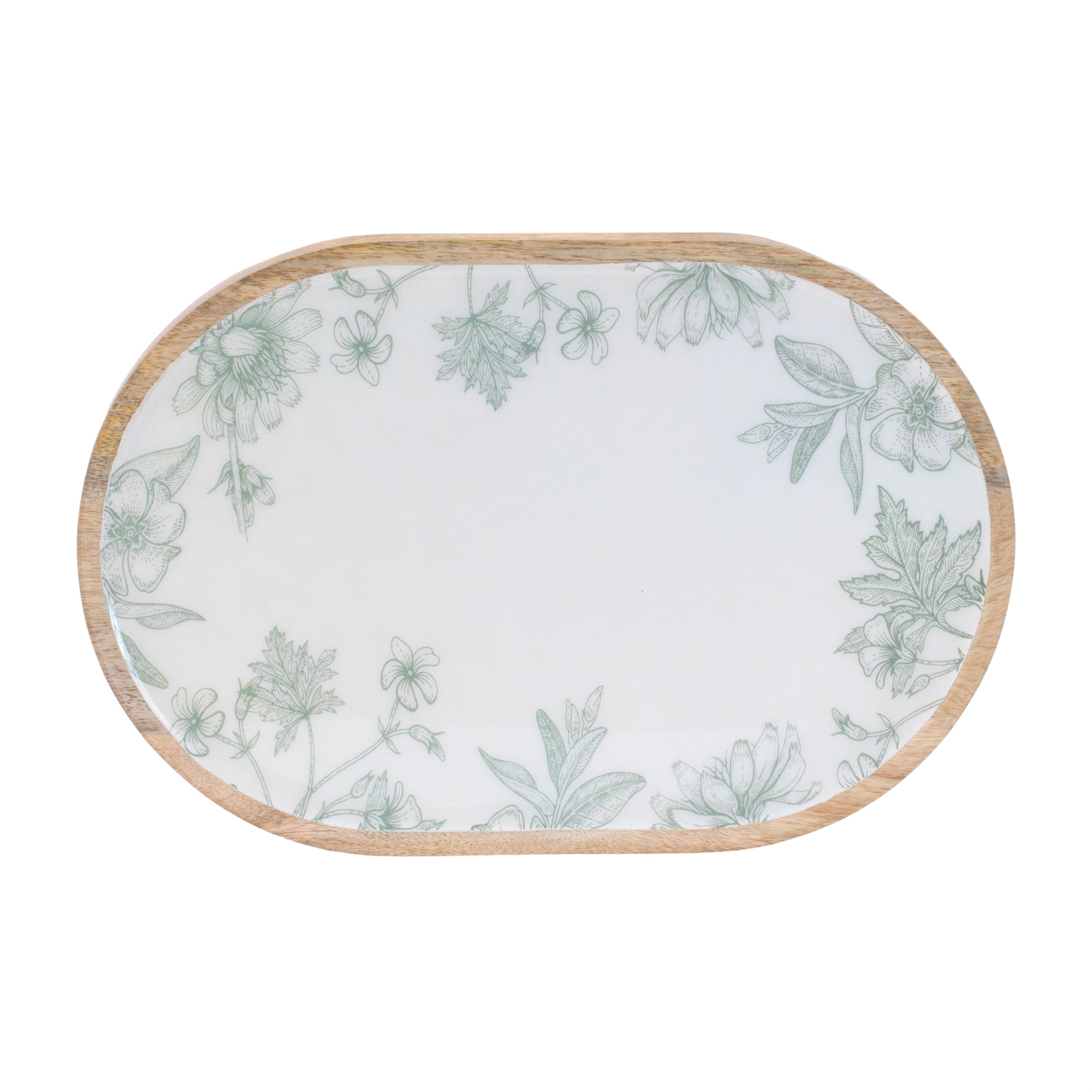 Wood Mushroom and Floral Print Tray (Set of 2)