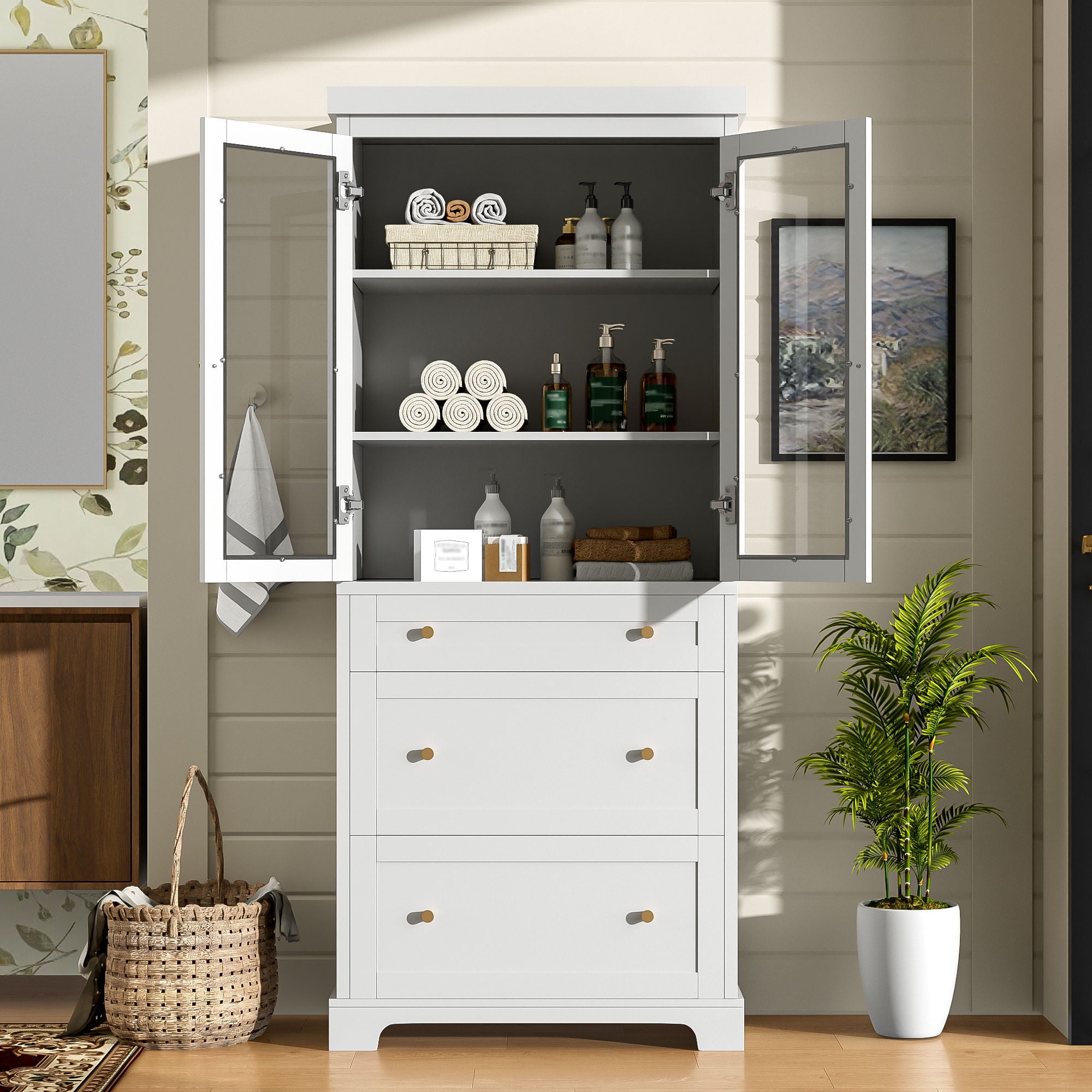 Freestanding Tall Bathroom Cabinet With Adjustable Shelves, Drawers, Soft Close Glass Doors