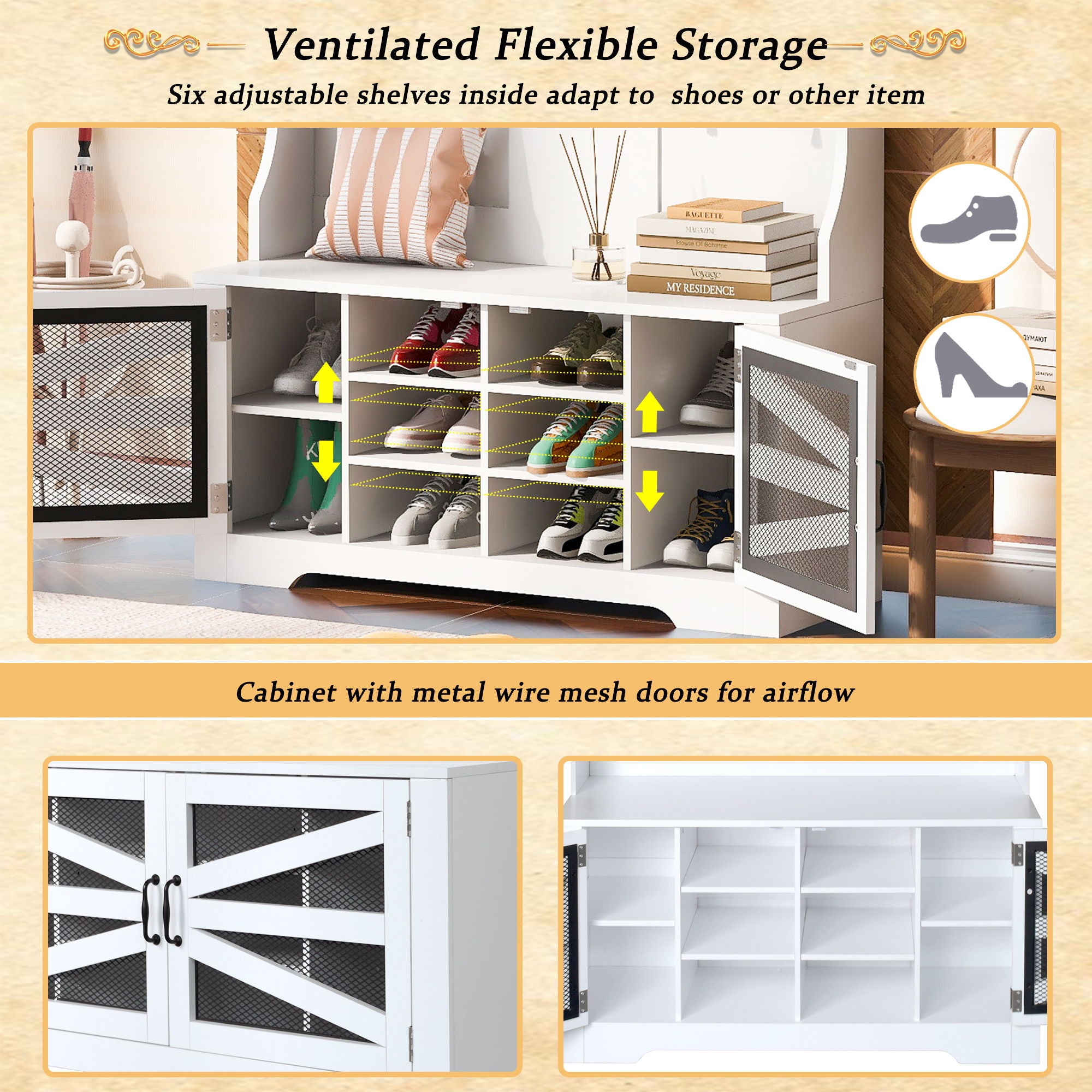 Entryway Bench With Coat Rack, 3 In 1 Design And Adjustable Shelves