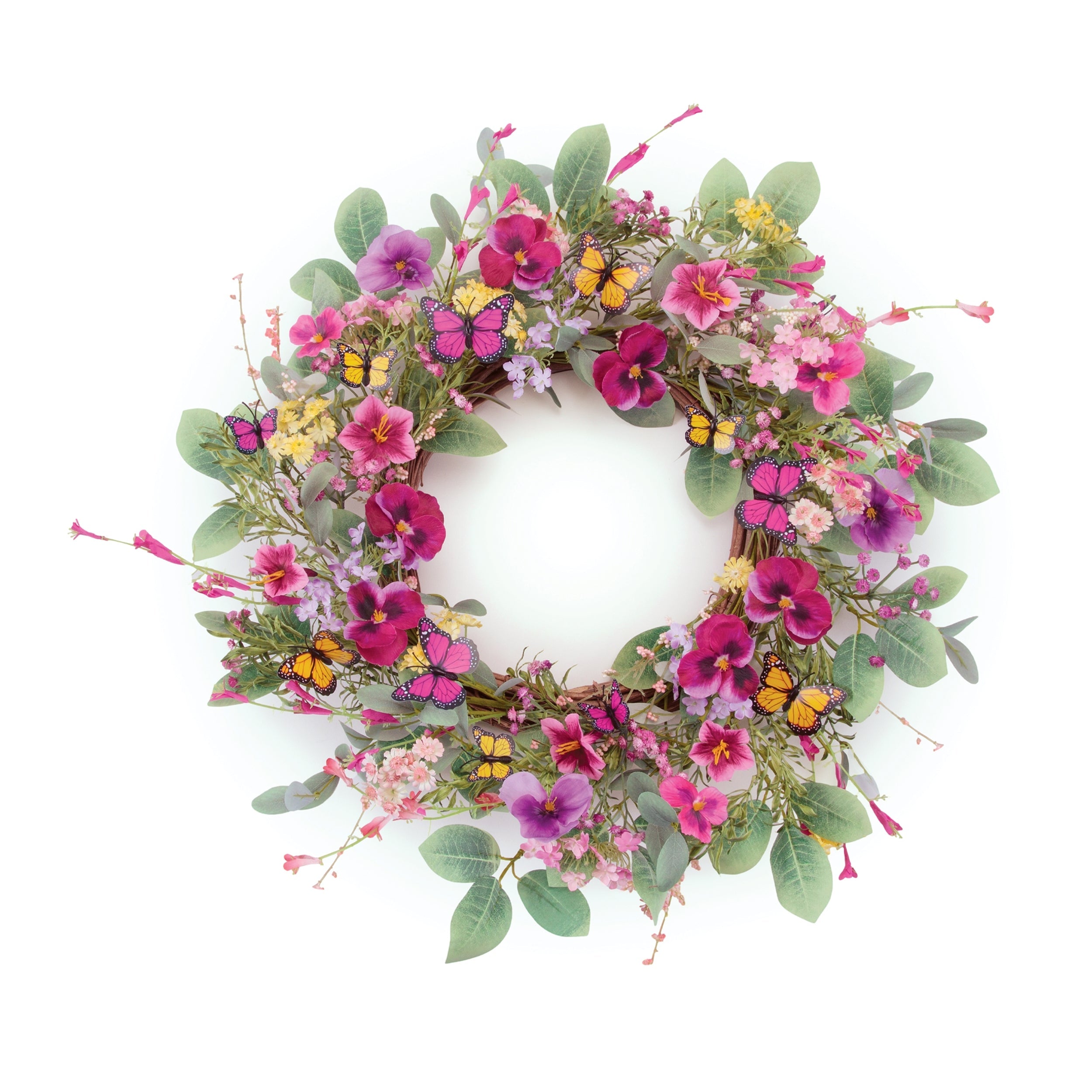 Mixed Pansy Foral and Butterfly Wreath 22"D