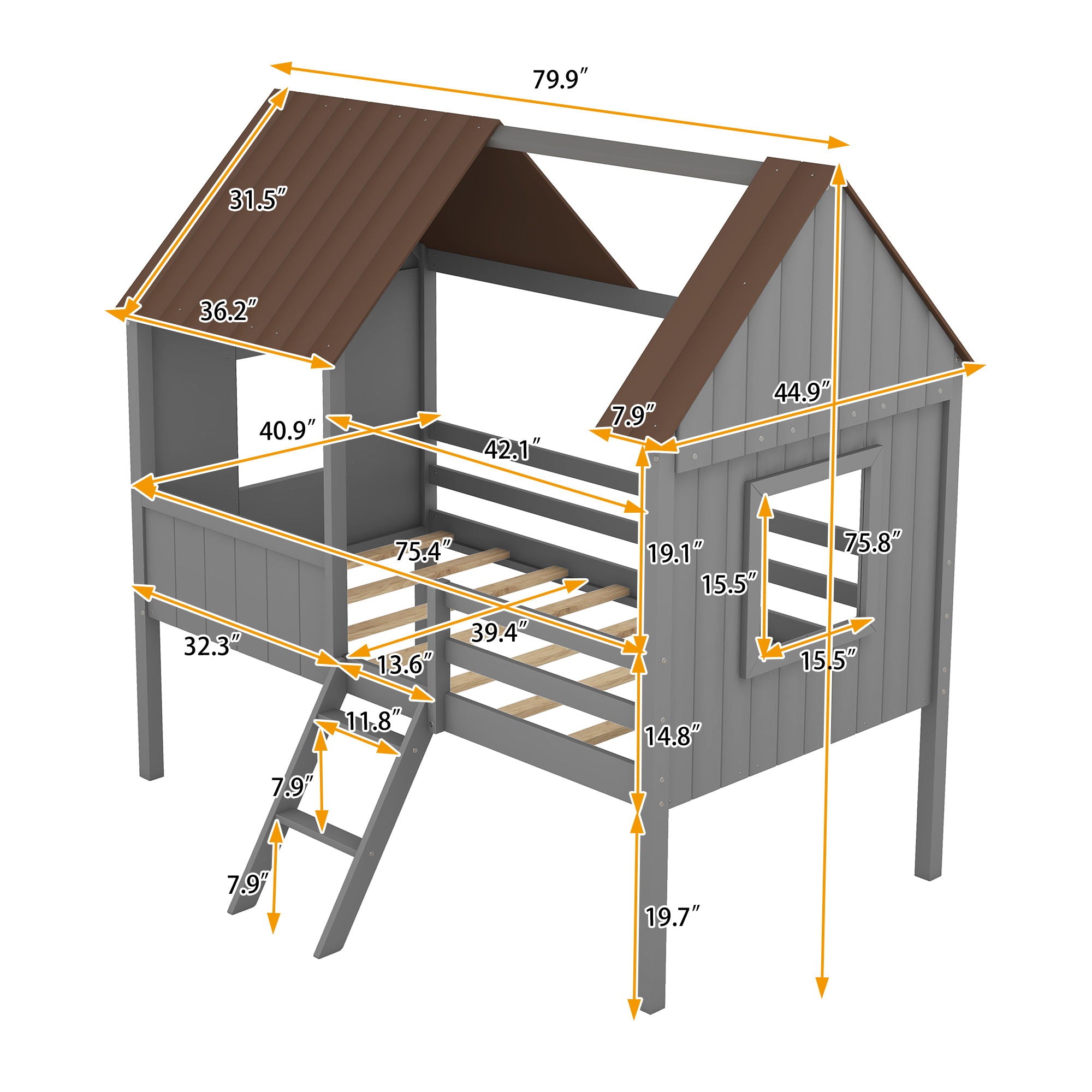 Twin Size Low Loft House Bed With Two Side Windows - Gray / Brown