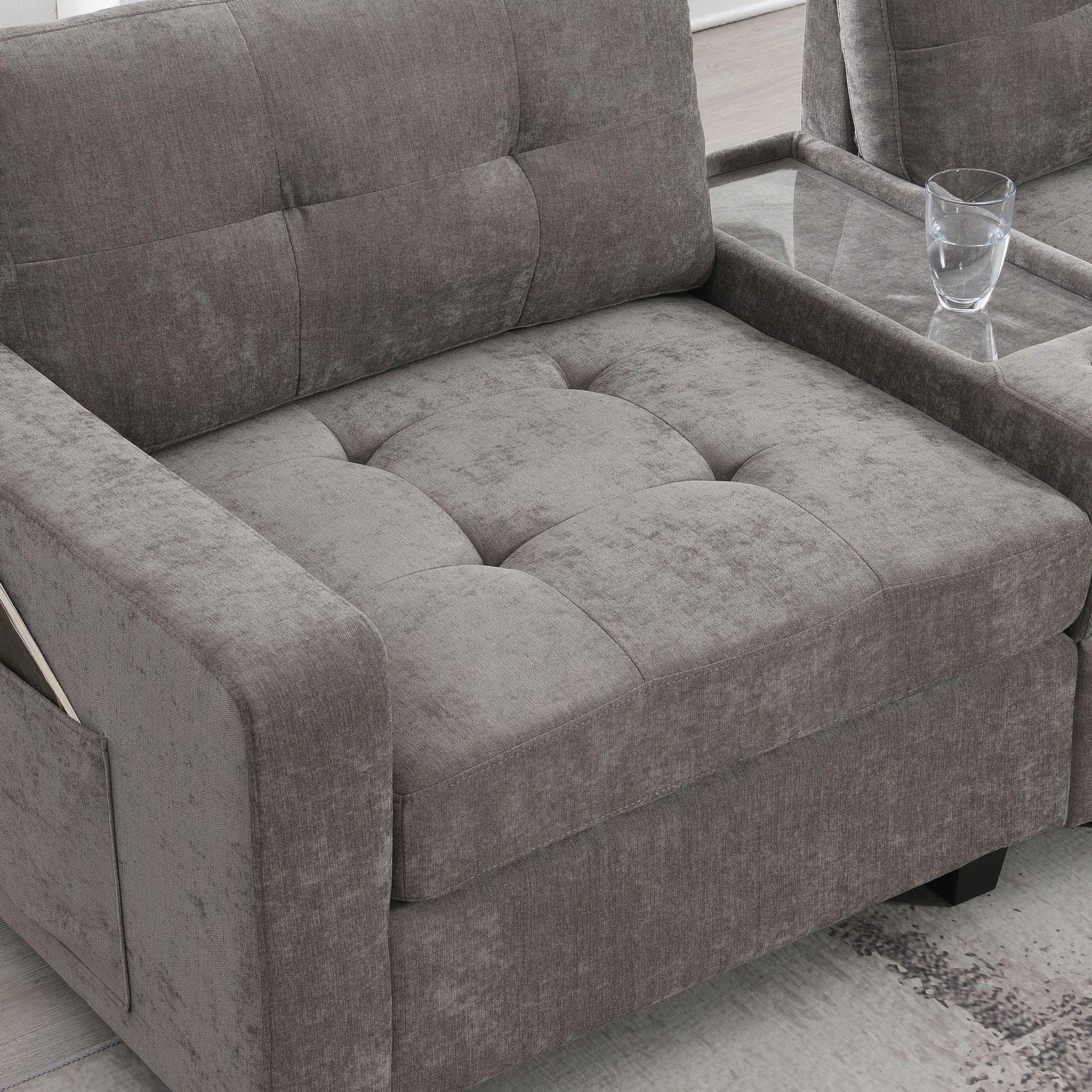 Sectional With Acrylic Table Top U Shaped Couch Set With 2 Consoles USB Charger, Storage Drawers And Pockets Movable Ottoman Tufted Sofa