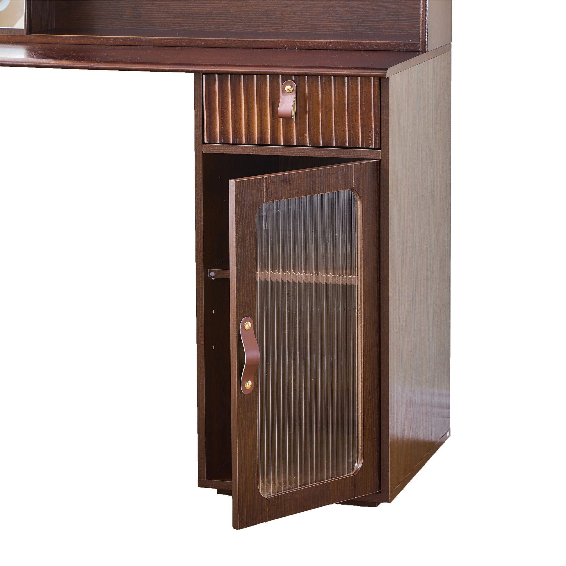 Modern Elegance Makeup Vanity Desk With Adjustable Lighted Mirror Storage Shelves Drawer And Cabinet - Walnut - Best Buy Furniture