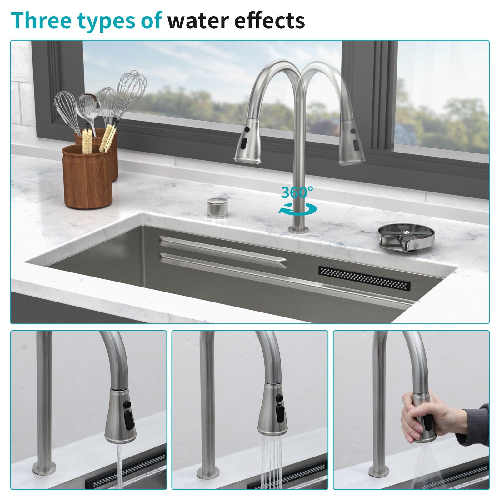 Undermount Stainless Steel Kitchen Sink With Pull Down Faucet & Ledge Workstation
