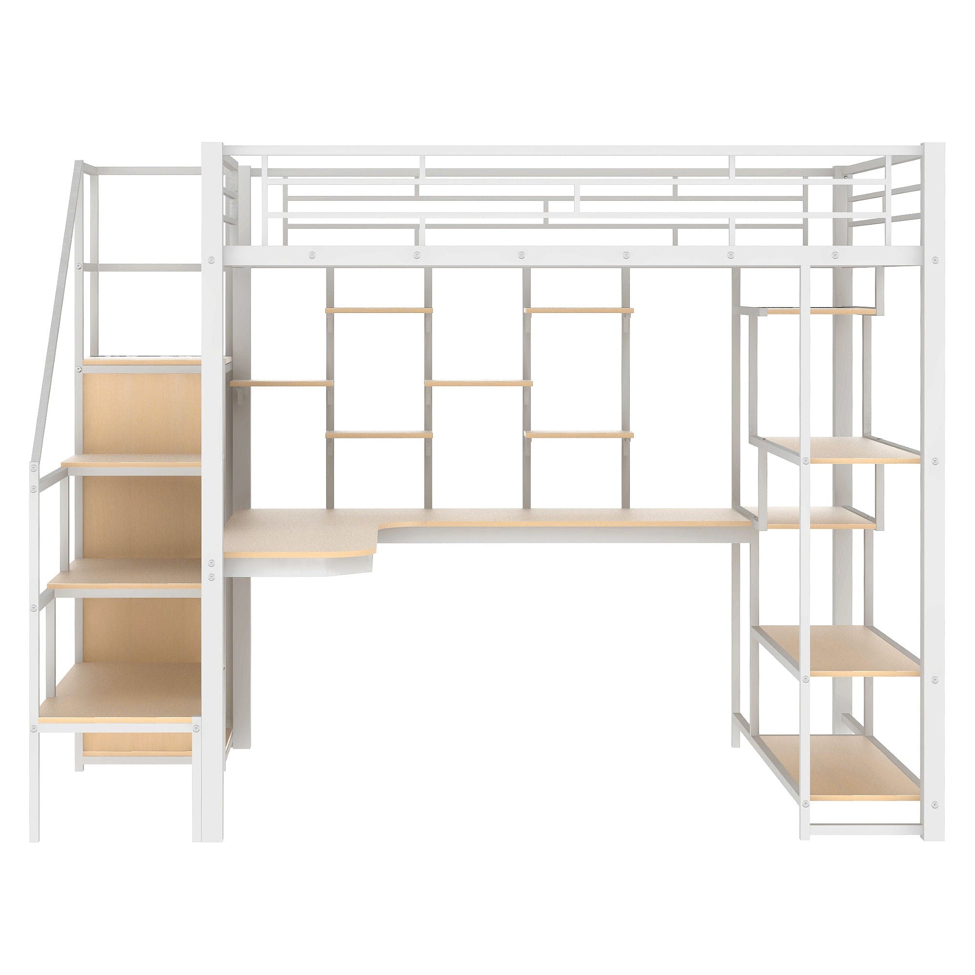 Loft Bed With Storage Staircase And Small Wardrobe, Built - In Desk And Storage Shelves