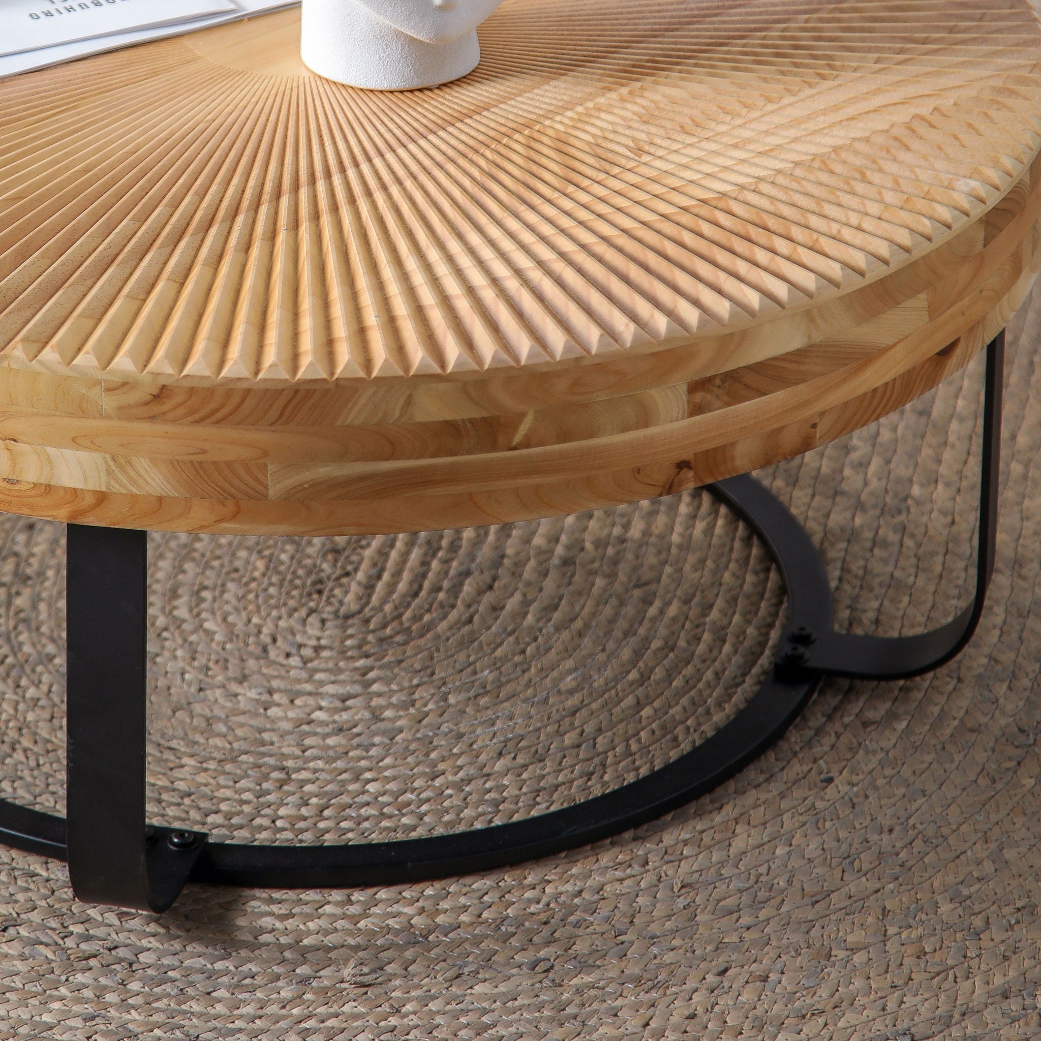 Modern Round Coffee Table With Wooden Carving Pattern