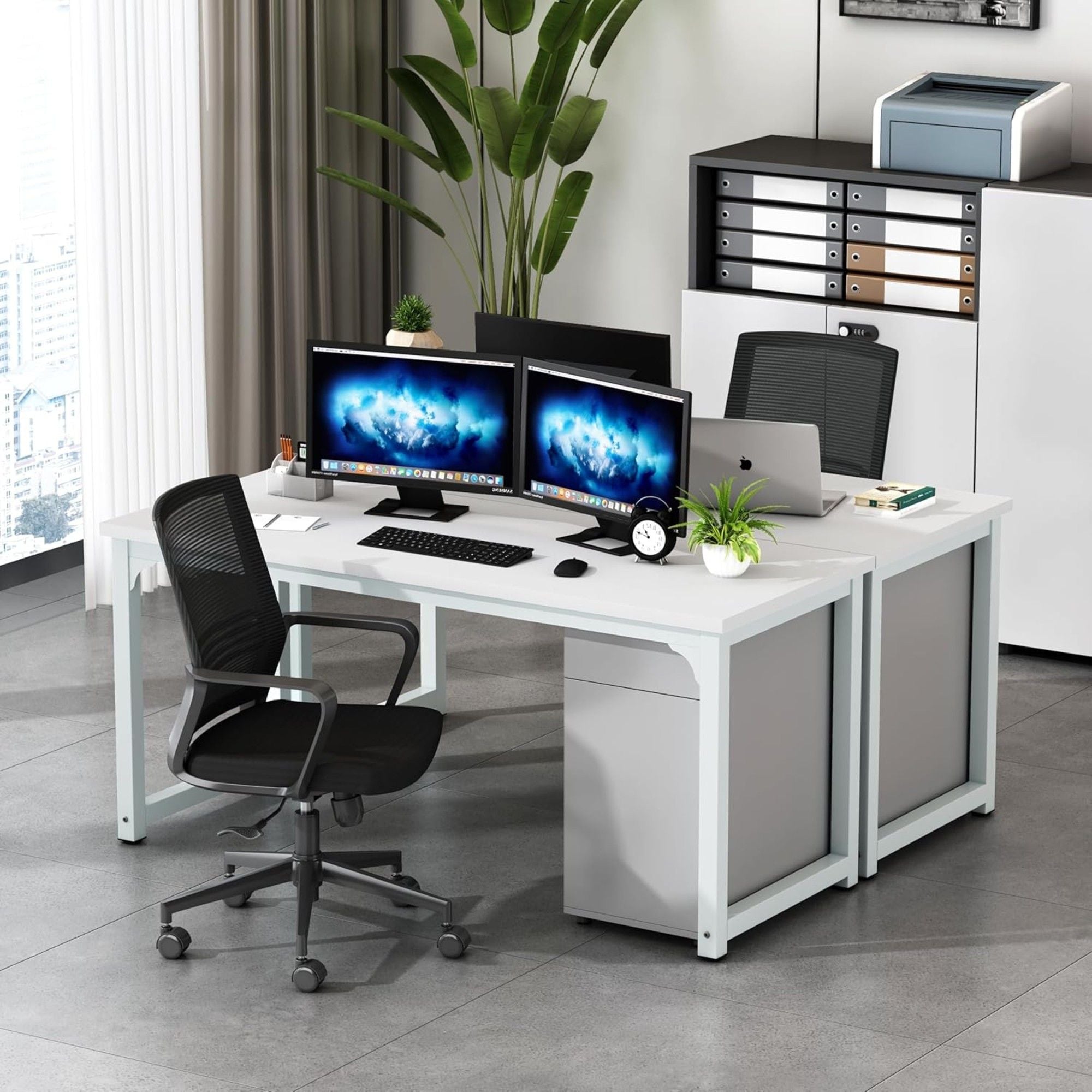 Executive Desk, Large Office Computer Workstation With Thick Frame - White