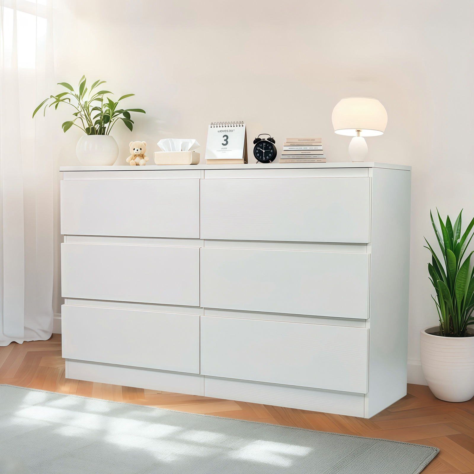 Modern 6 Drawer Dresser With Spacious Countertop And Concealed Handles, Storage Cabinet For Bedroom And Living Room - White