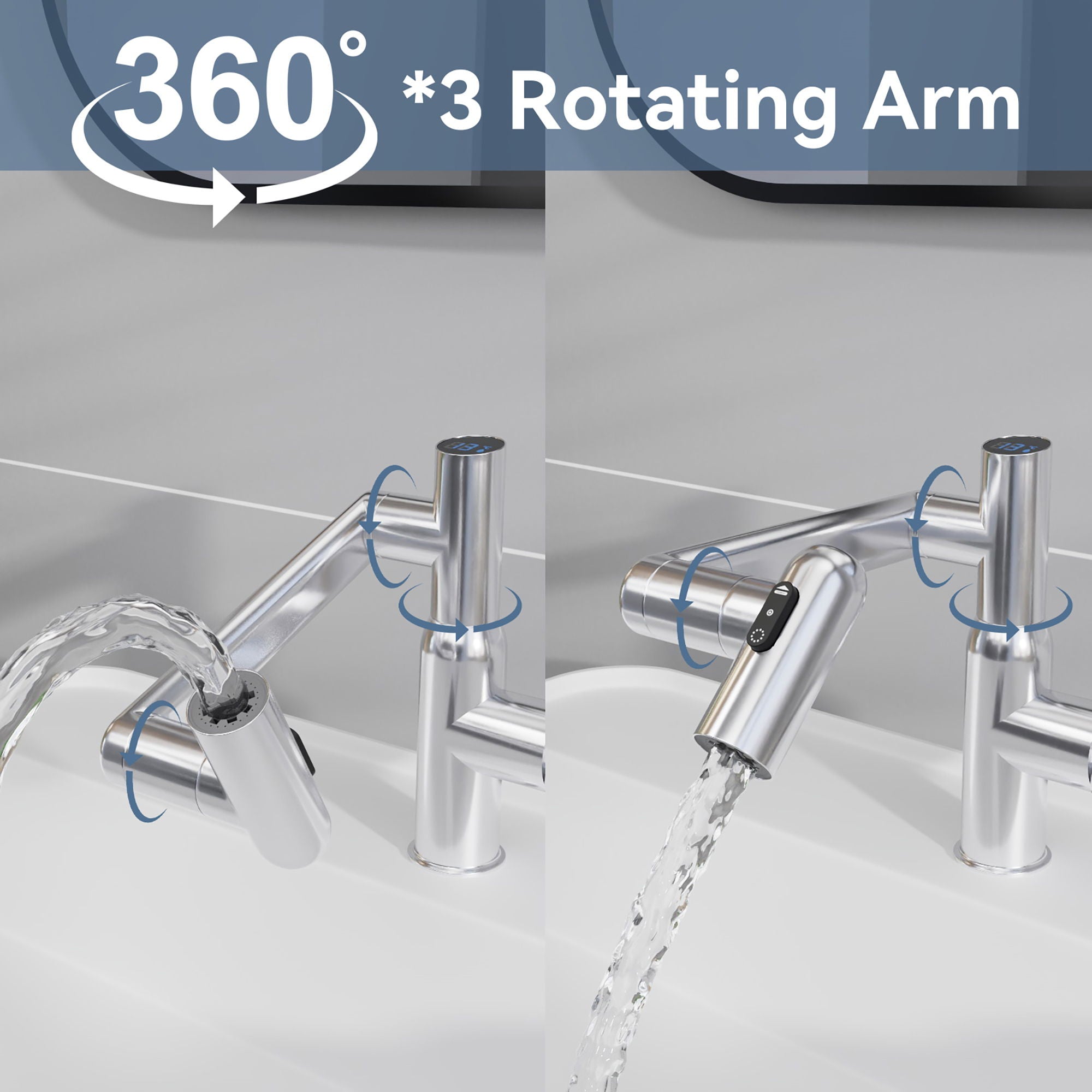 Bathroom Sink Faucet With Spray Function And Temperature Display, Anti Skid Switch, 360 Degree Rotary, Brass Material - Chrome