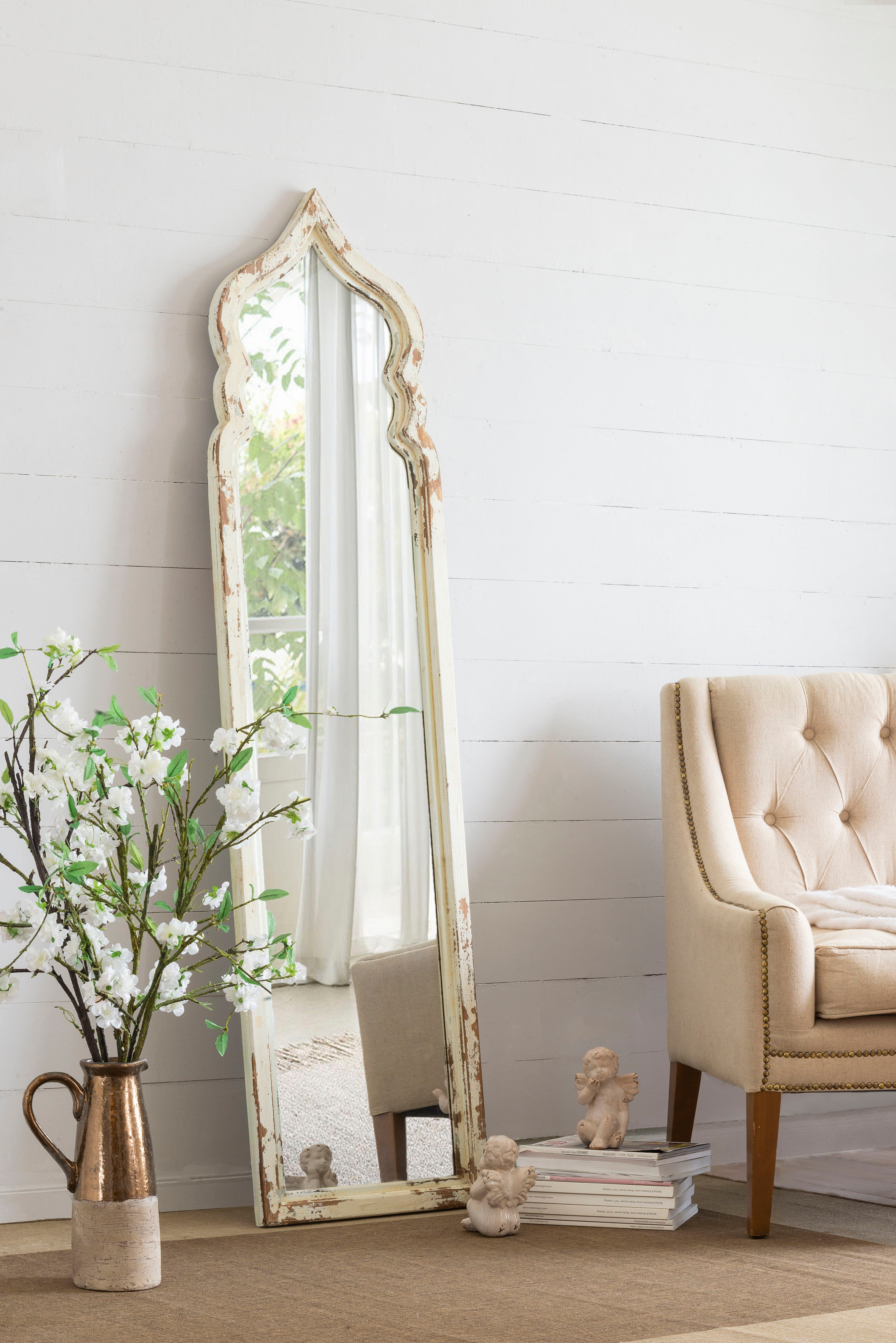 Oversized Full Length Floor Mirror, Vintage Shabby Chic Wooden Frame For Leaning, Bedroom, Living Room - White