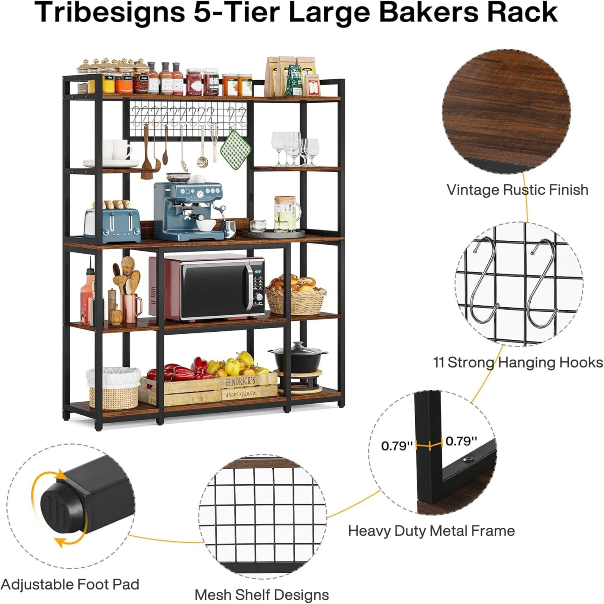 Baker's Rack With Hutch, 5 Tier Kitchen Storage Shelf, Freestanding Utility Pantry Organizer With Hooks And Microwave Stand - Black