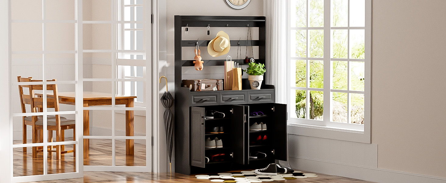 Minimalist 4 Door Shoe Cabinet With Coat Rack, 3 Drawers, 8 Shelves, Metal Hooks And Handles