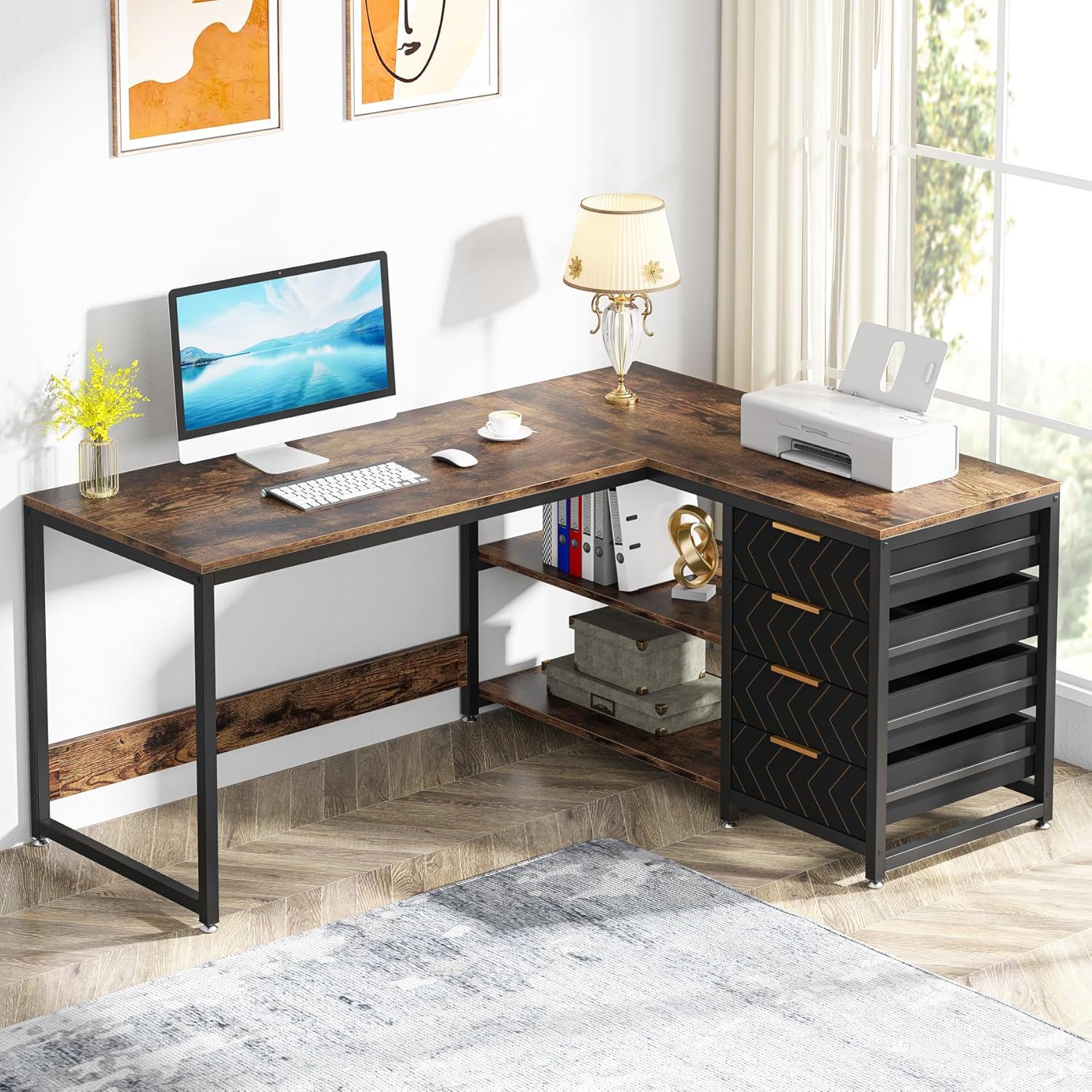L-Shaped Computer Desk With Drawers And Shelves, Workstation For Home Office