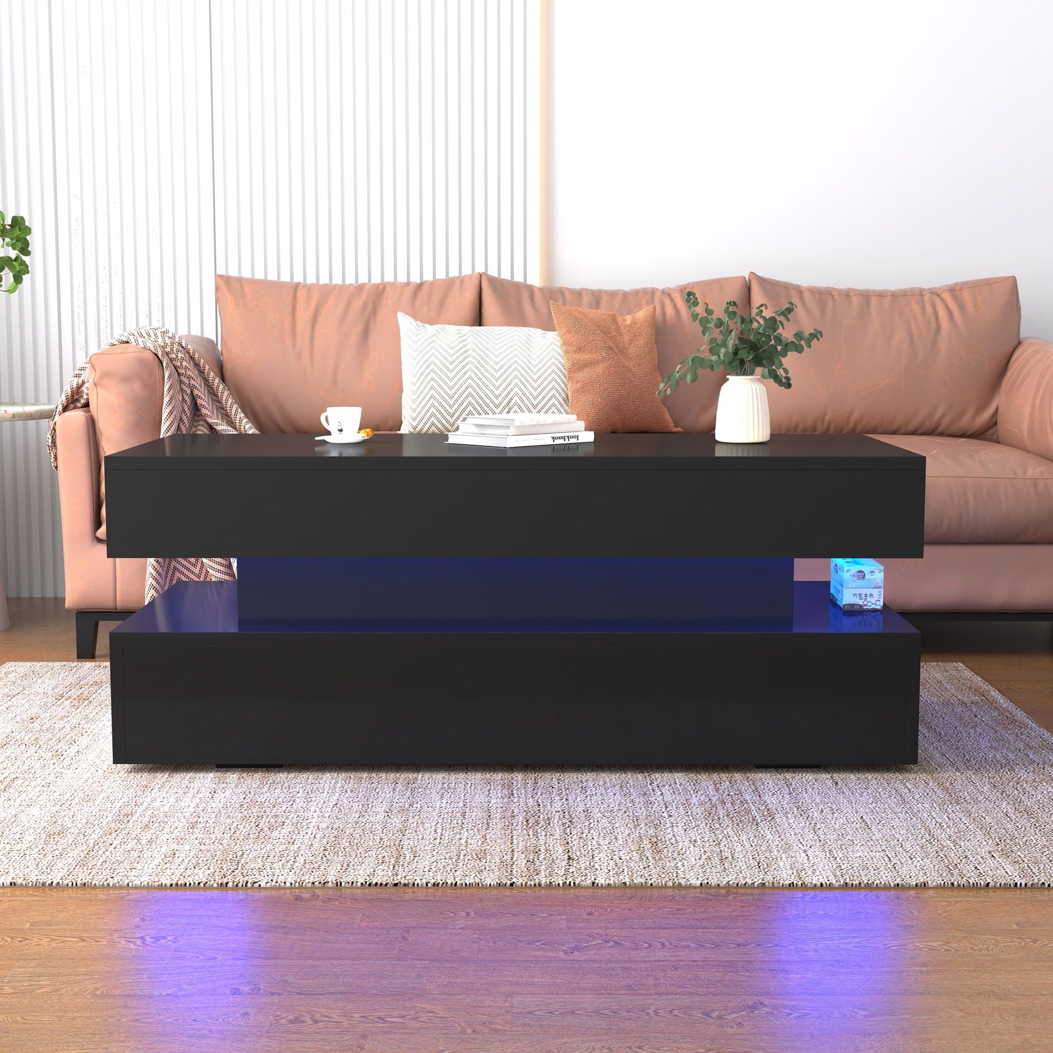 Contemporary Foldable Coffee Table With Drawers And LED, 3 Tier Design