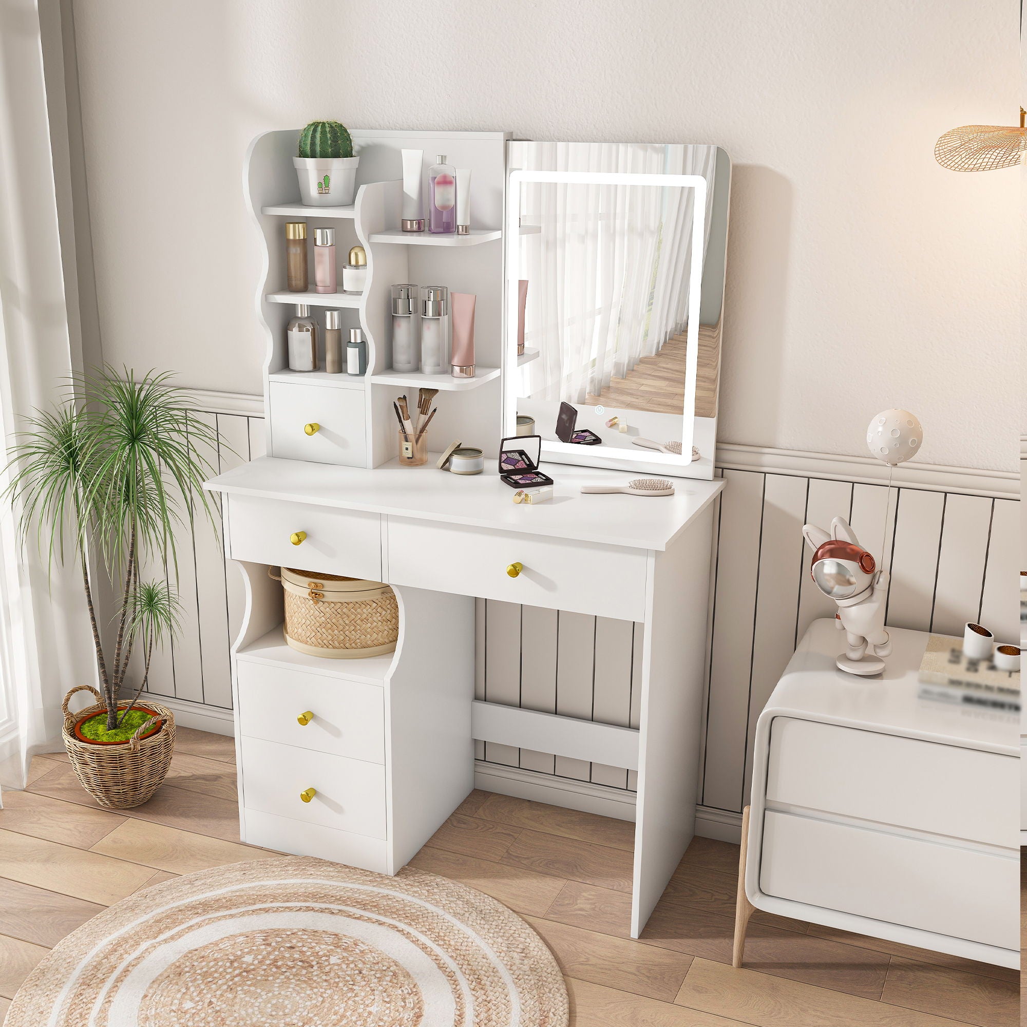 Dressing Table With Movable Mirror And LED Light, 5 Drawer Storage Organizer - White