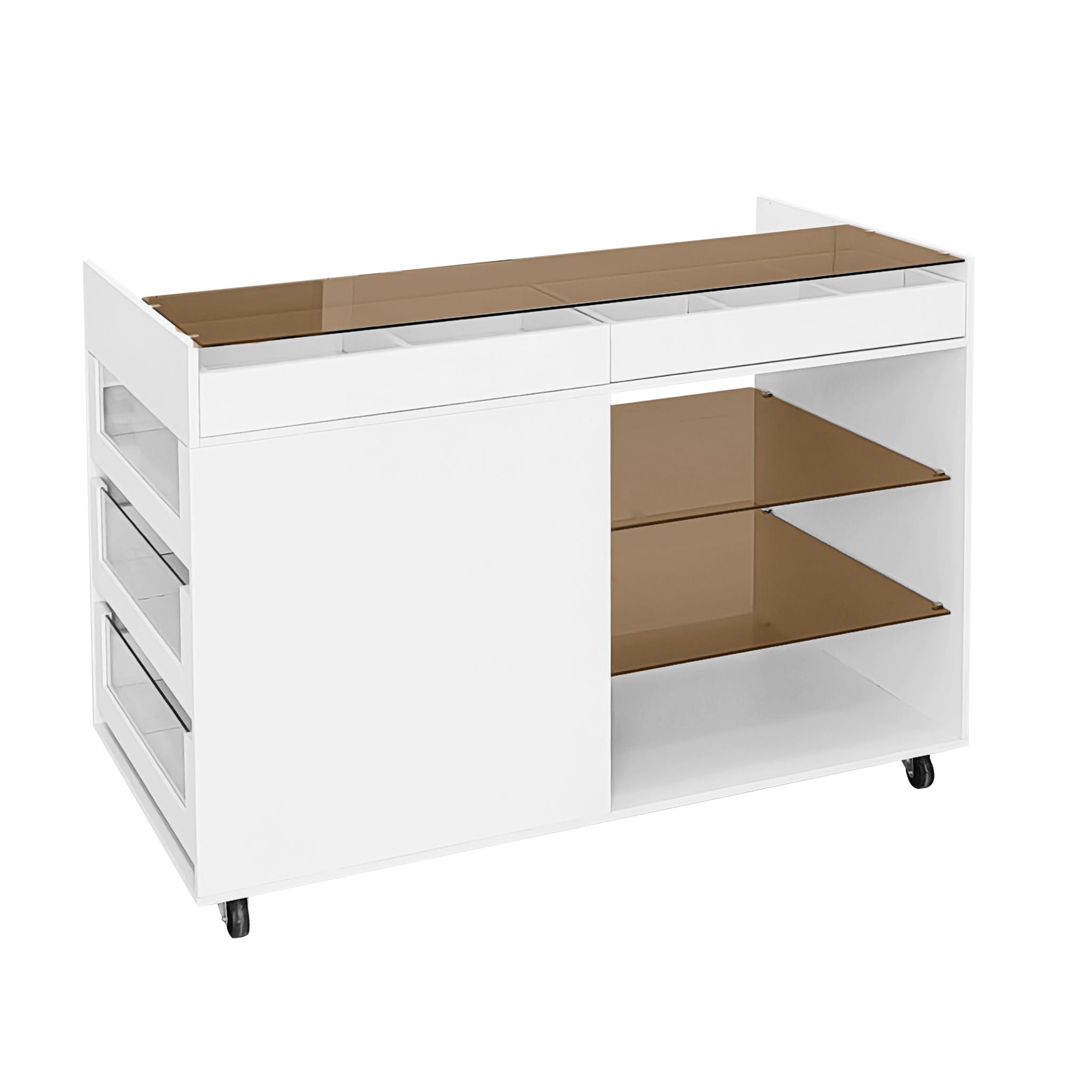 Multi-Functional Storage Island Movable Storage Cabinet Island Vanity Dresser With 3 Side Storage Drawer, A Reversible Top Storage Space And 2 Glass Display Shelves - White