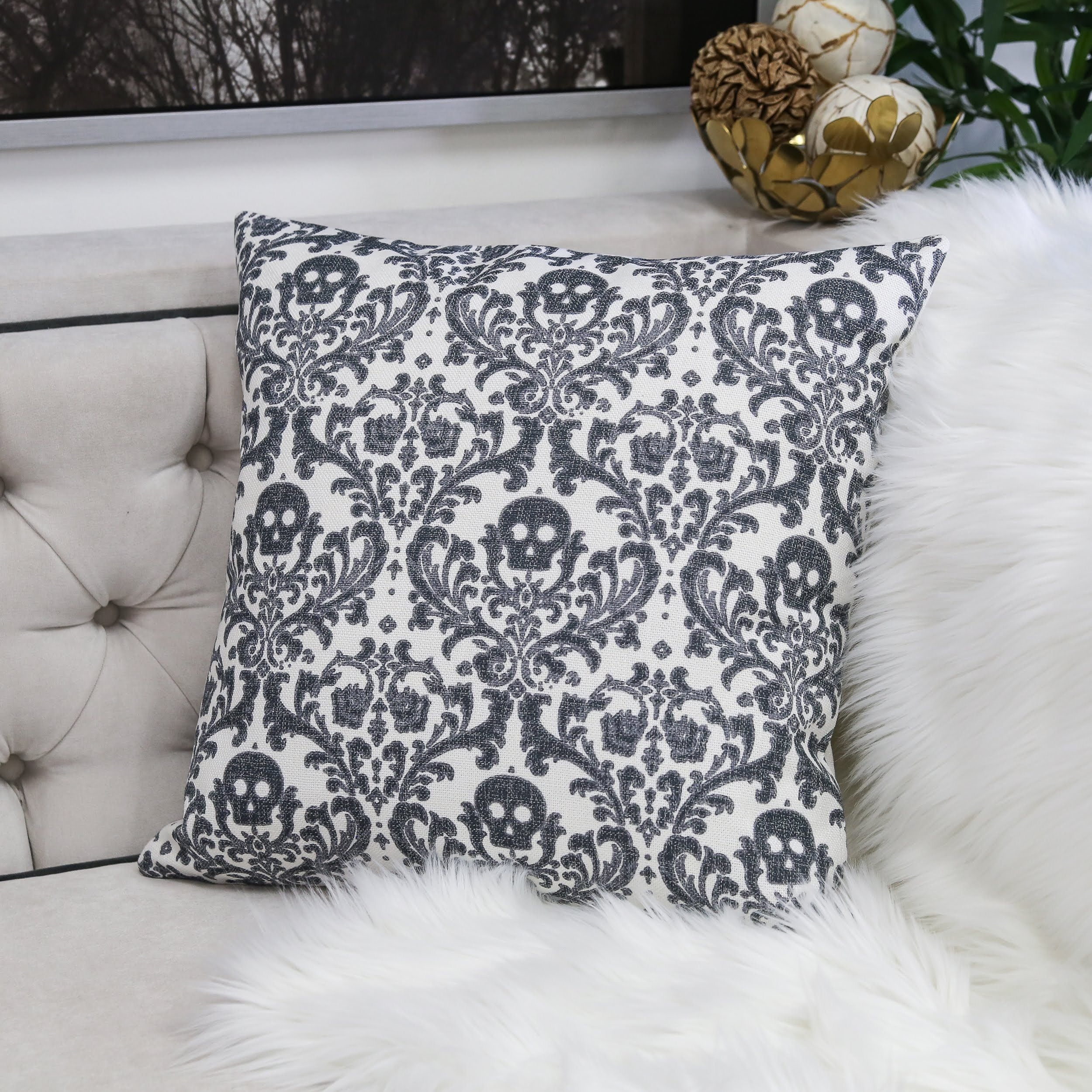 Baroque Skull Damask Accent Pillow – Black & White Day of the Dead Accent Cushion