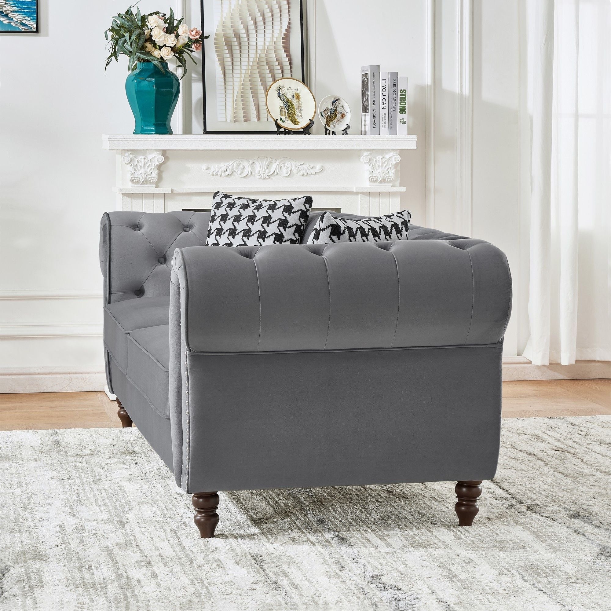 Chesterfield Velvet Upholstery Fabric Sofa With Roll Armrest & Nailhead, Mid Century Modern 3 And 3 Seater Couch