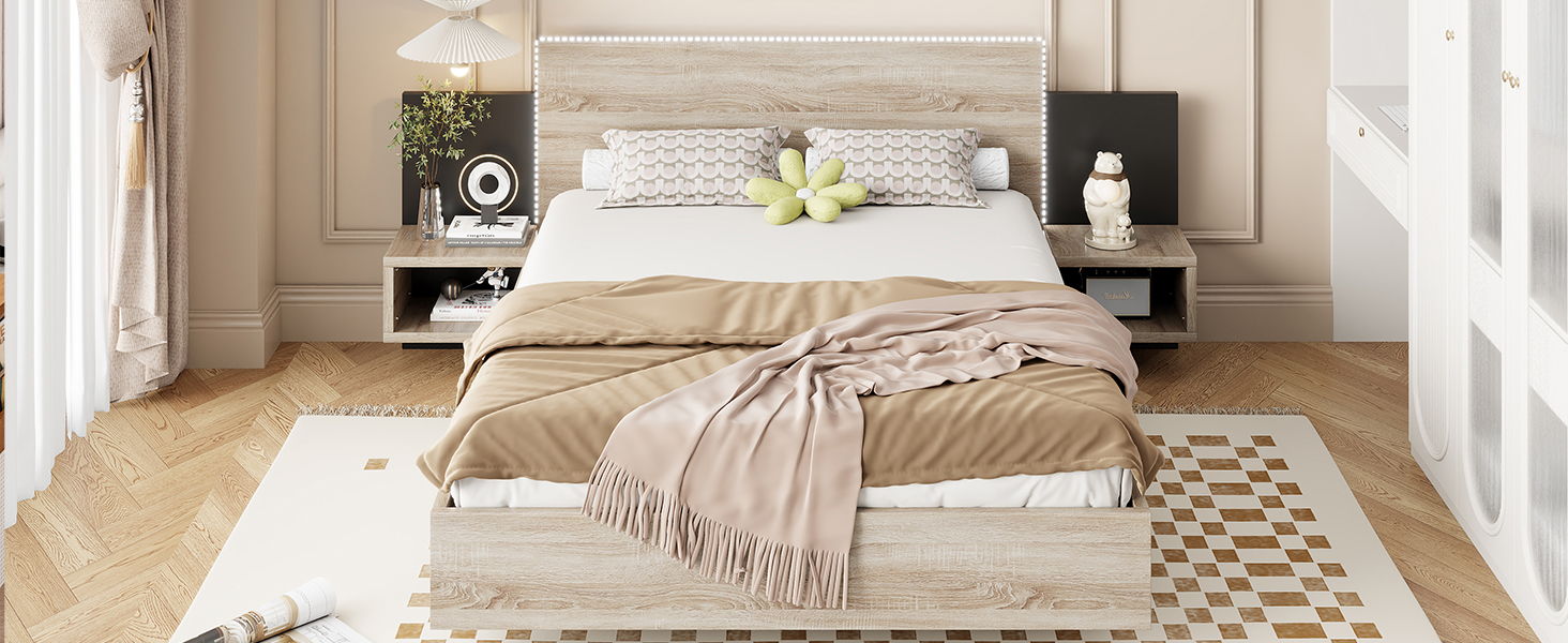 Floating Platform Bed, With LED Lights, Bedside Nightstand
