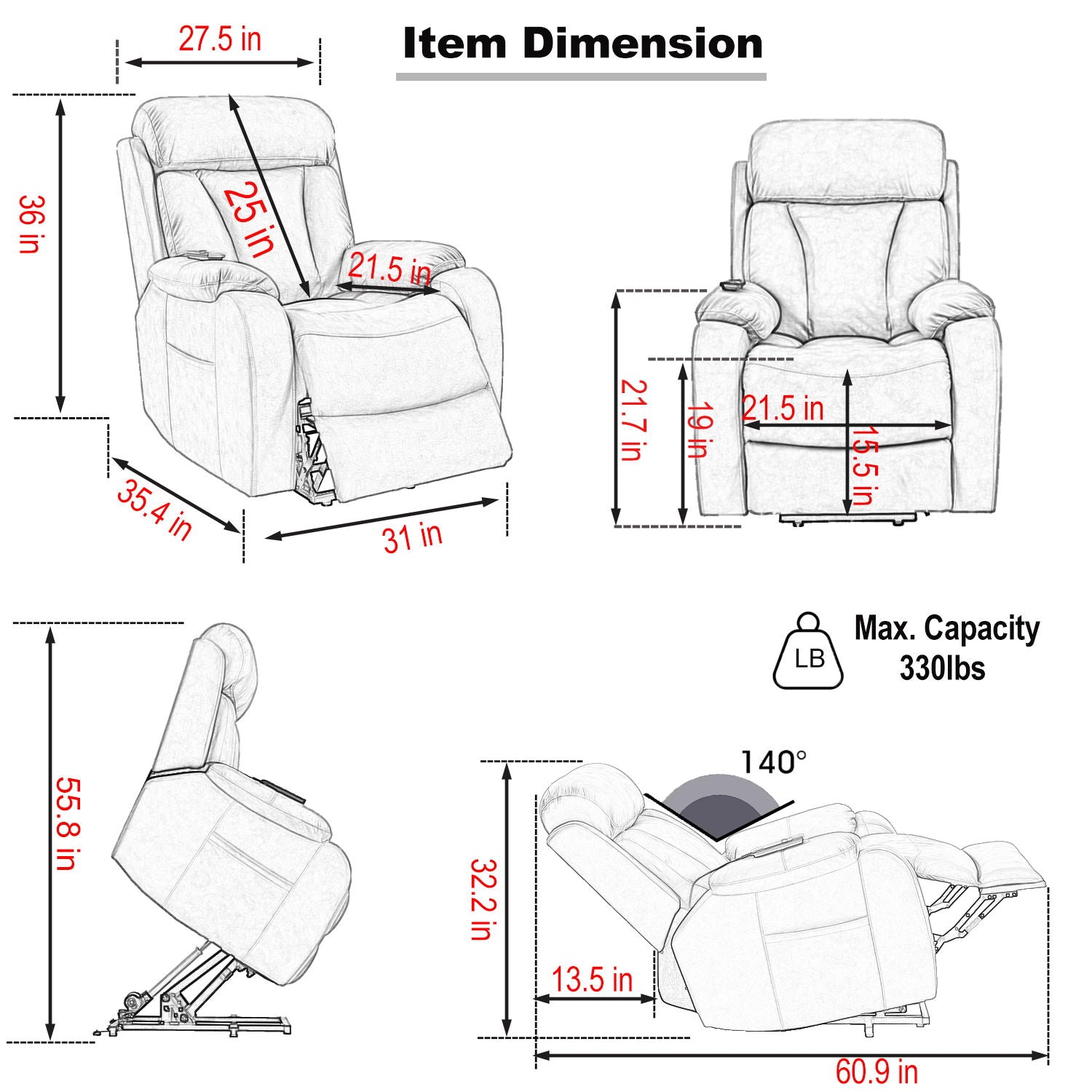Lift Chair Recliner Power Remote Control Recliner Sofa Relax Soft Chair Anti - Skid Australia Cashmere Fabric Furniture Living Room - Dark Gray