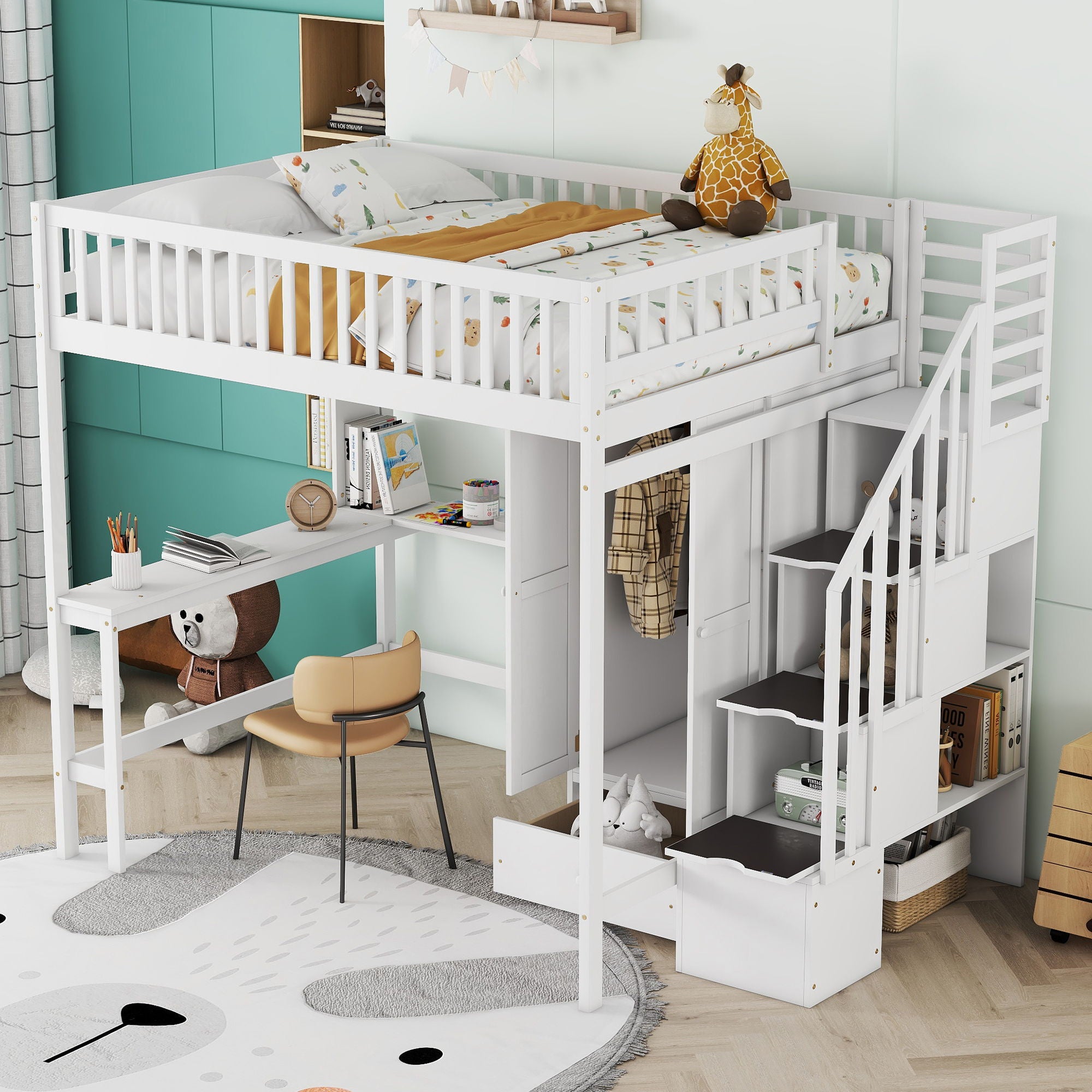 Loft Bed With Bookshelf, Drawers, Desk, And Wardrobe