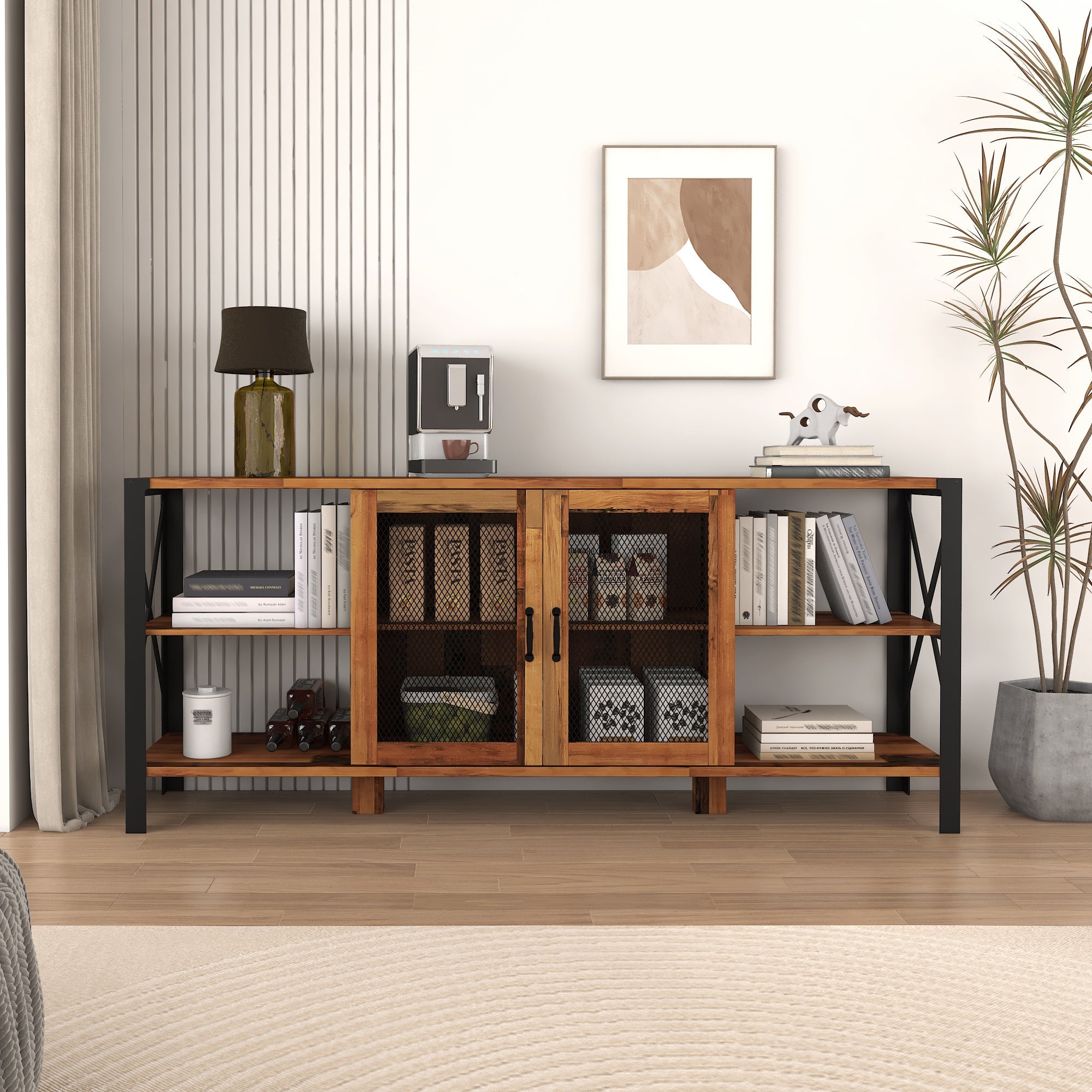 70-Inch Industrial Walnut Media Console with Open Shelving and Mesh-Door Storage