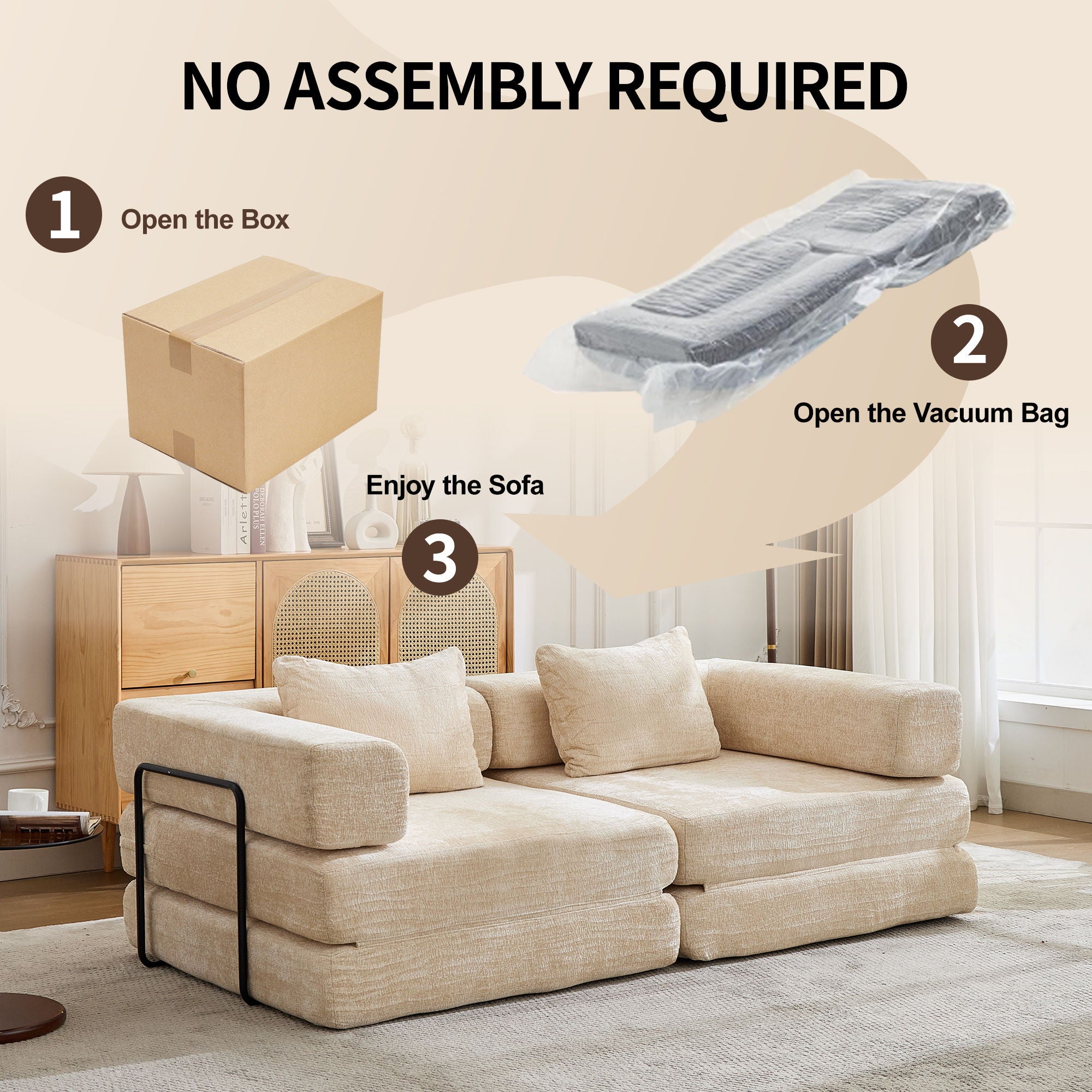 Convertible Floor Sofa Bed With Fixed Shape Frame, Loveseats Boneless Modular Sectional, For Living Room - Beige
