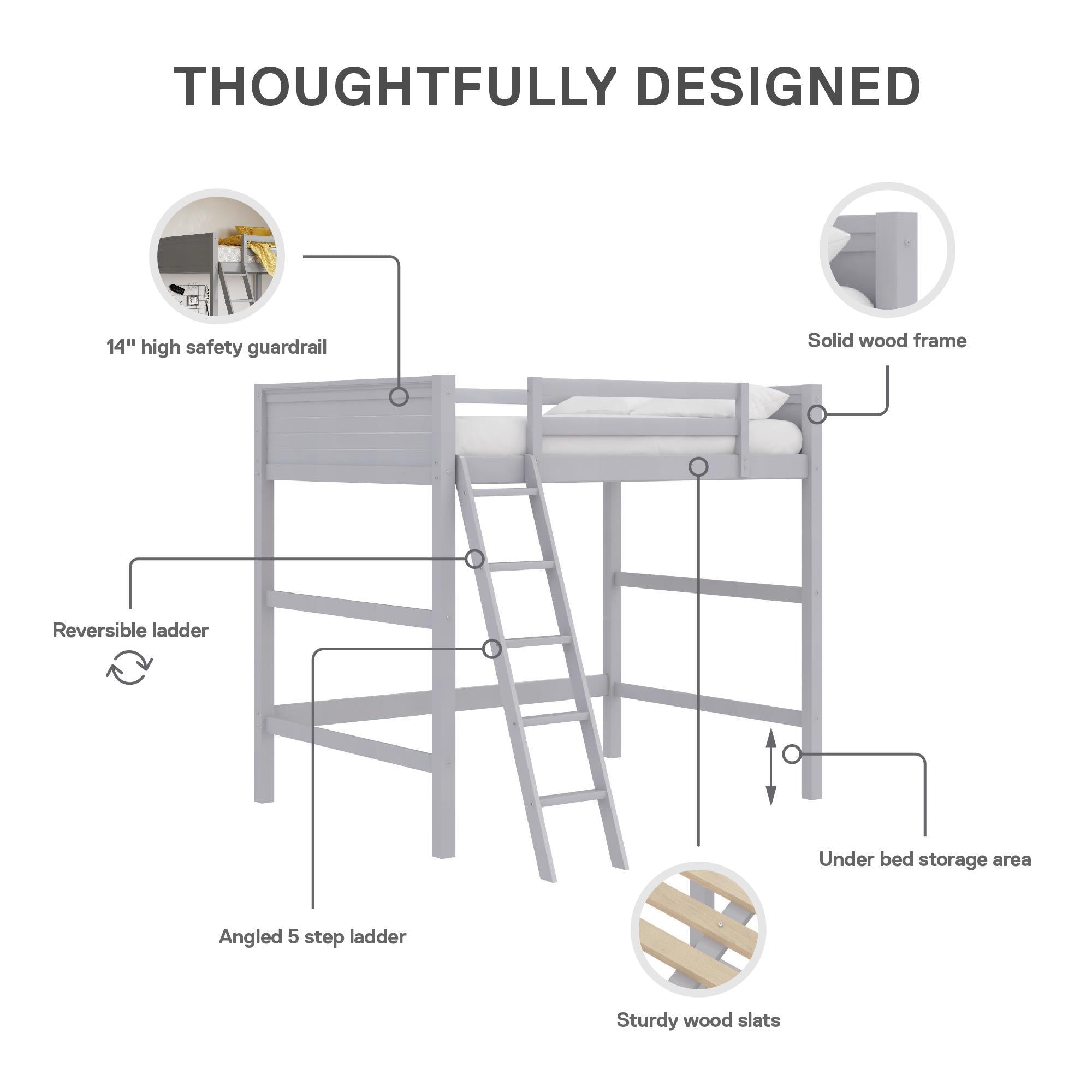 Denver - Full Size Loft Bed, Spacious Under Bed Space, Ladder & Guardrails - Gray