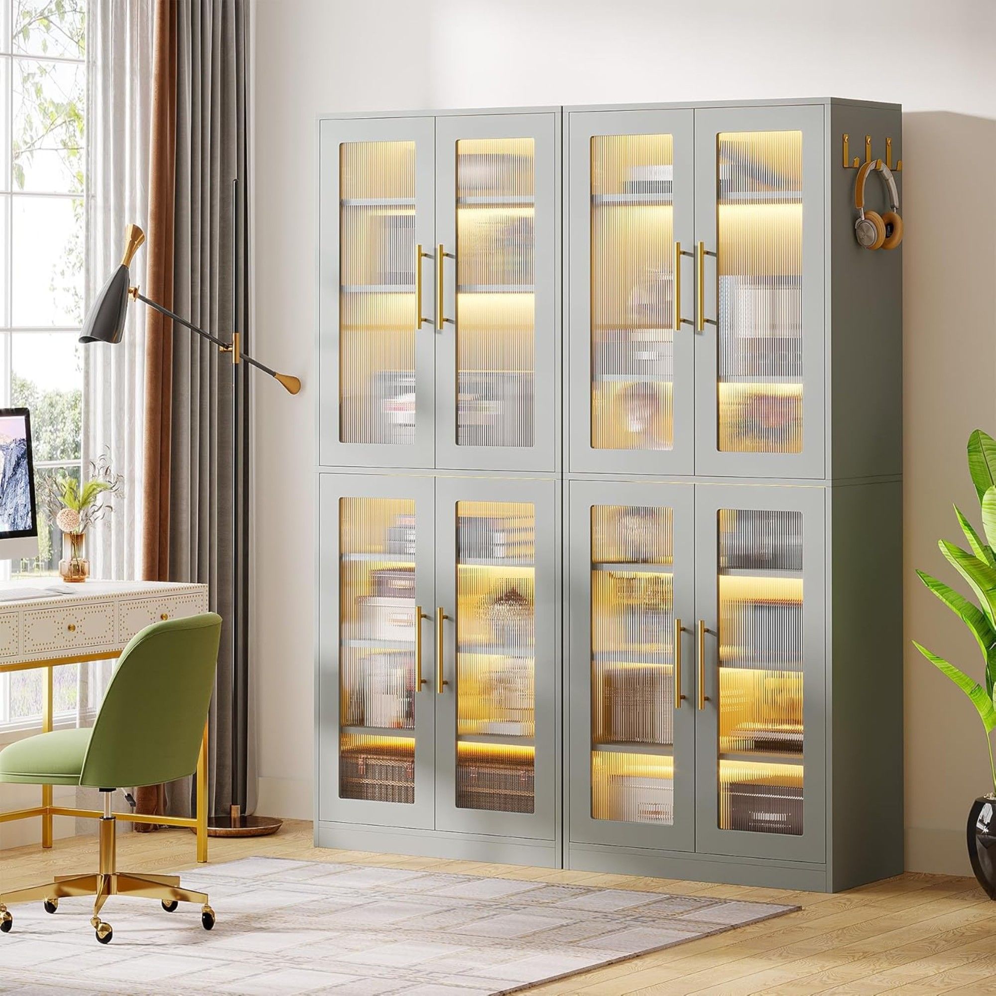 Bookcase With Doors And LED Lighting, 8 Adjustable Shelves Storage Cabinet