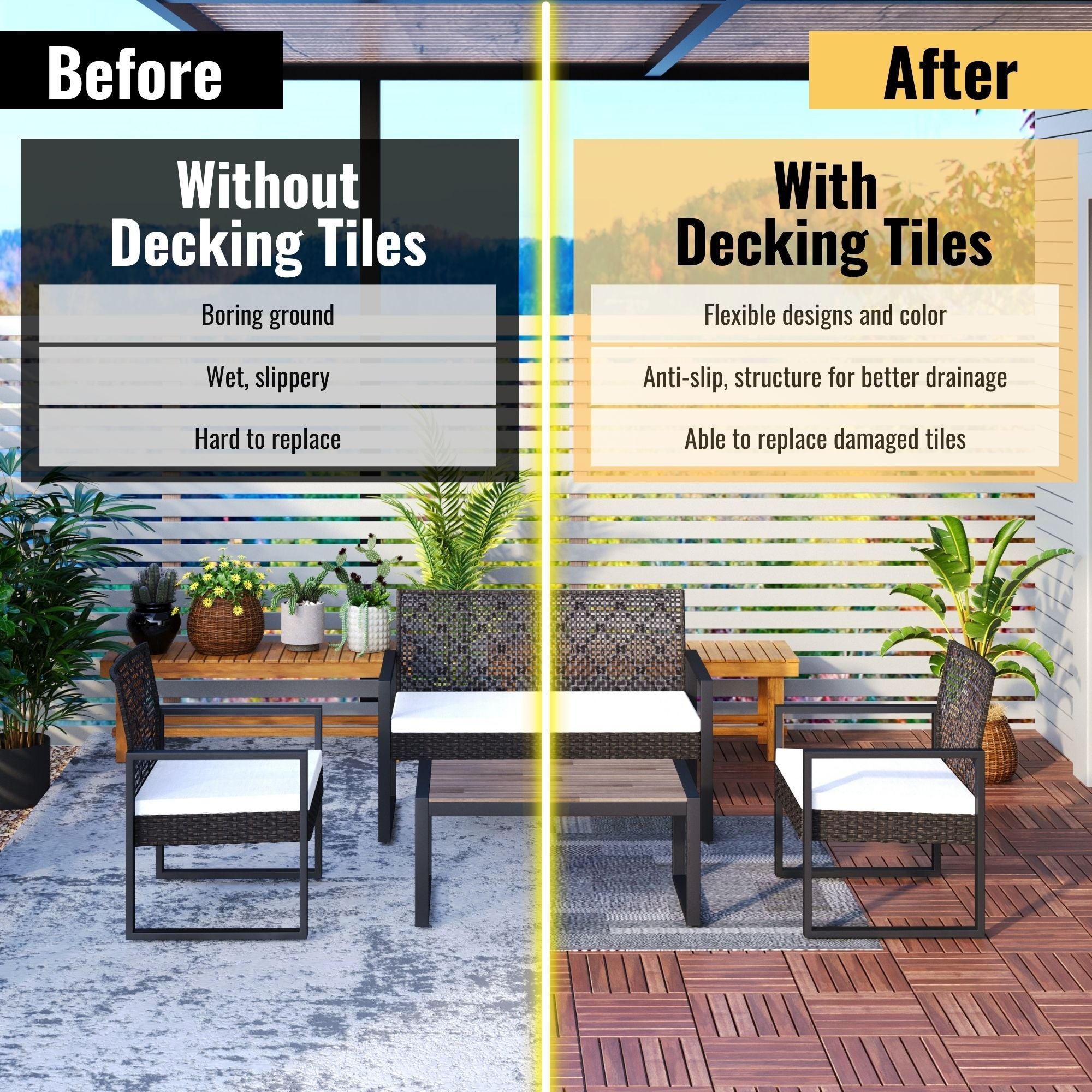 Interlocking Deck Tiles Striped Pattern, Waterproof Anti Mildew Brown