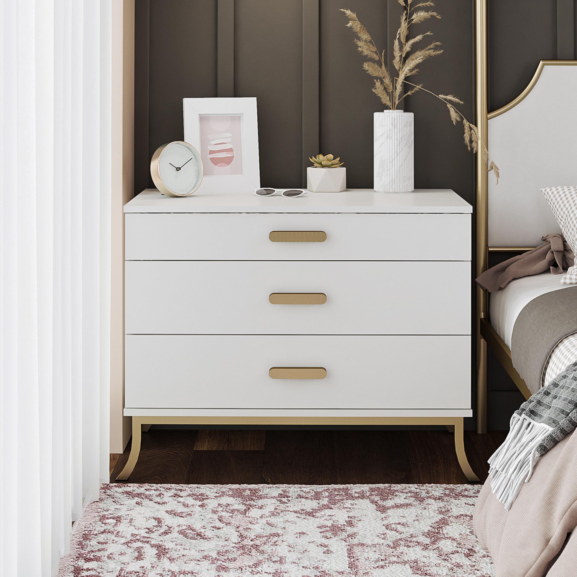3 Drawer Dresser With Oval Handles - White / Gold