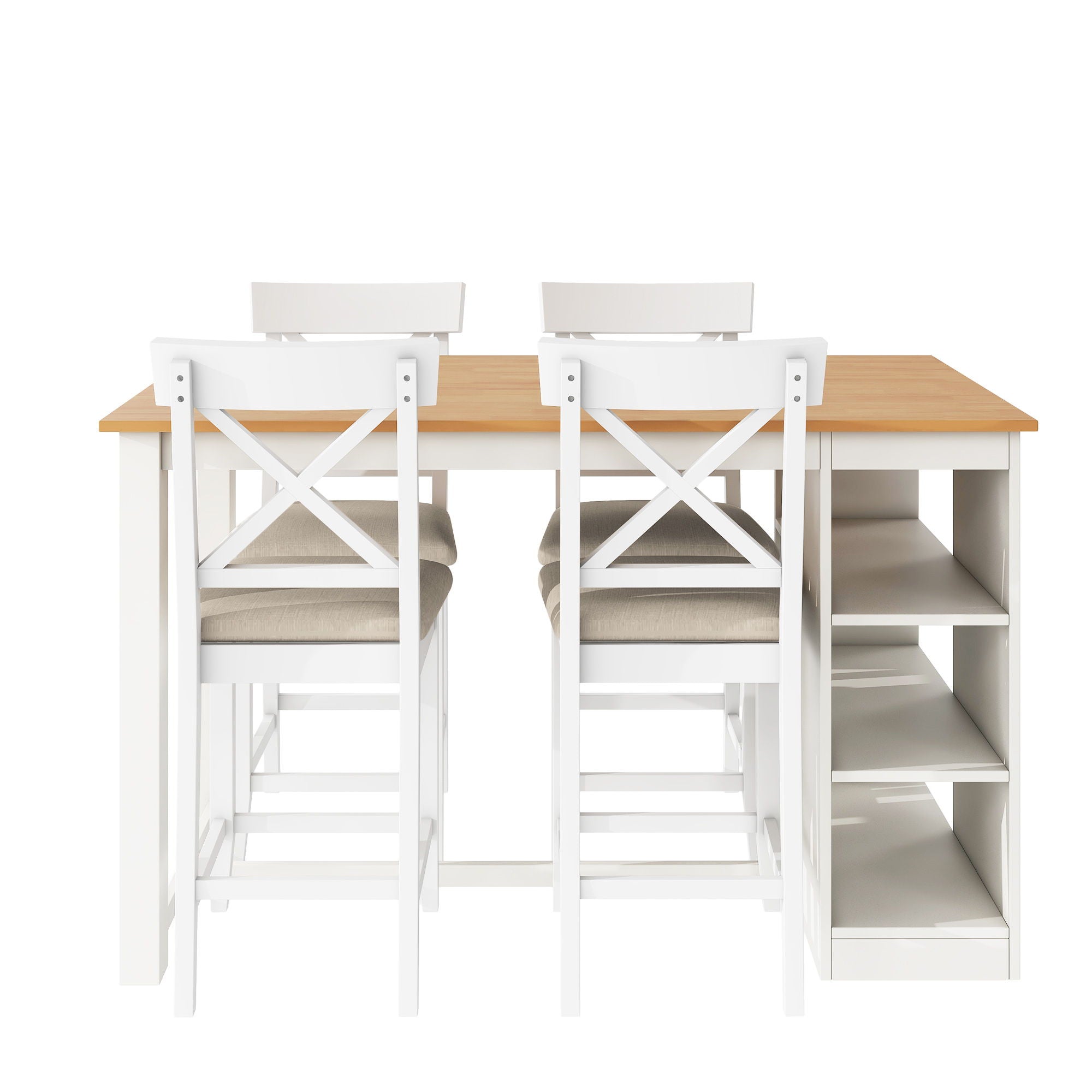 Solid Wood Farmhouse Counter Height Dining Table Set With 3 Tier Storage Shelves