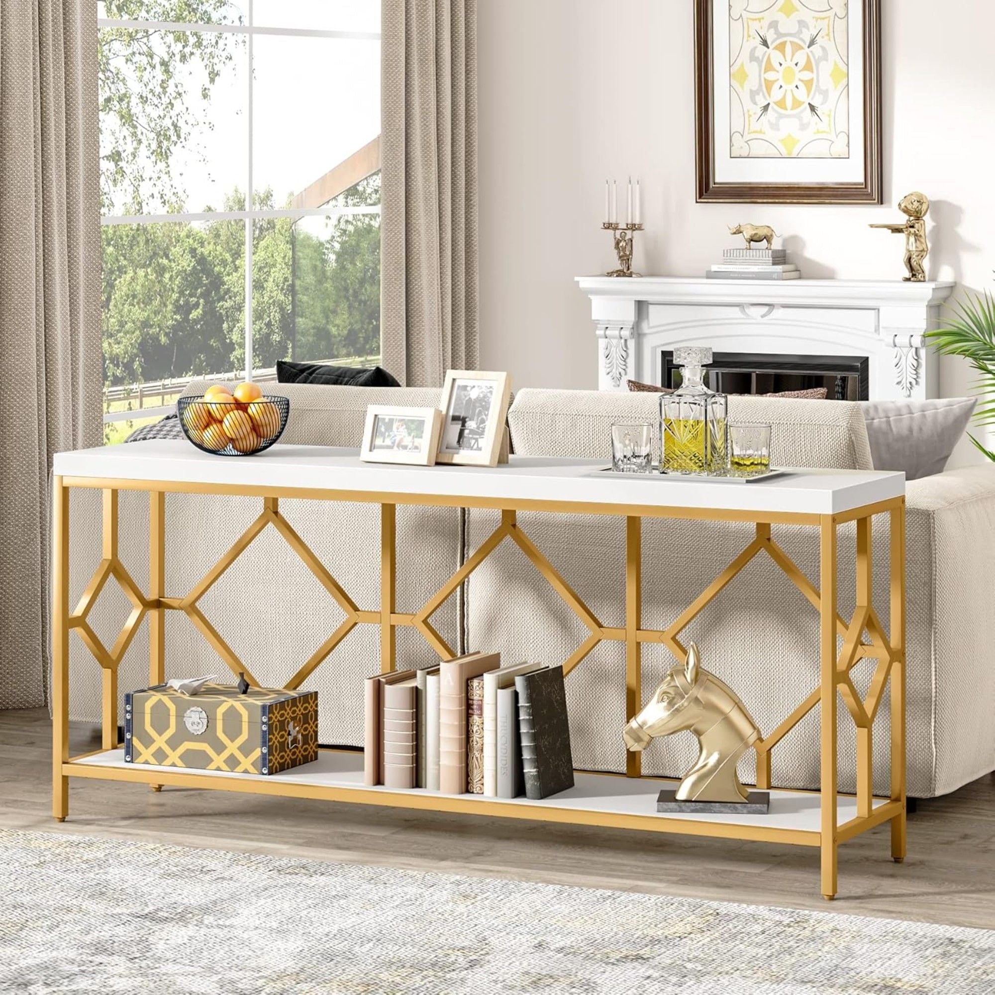 Extra Long Sofa Table With Diamond Pattern Frame, 2 Tier Open Storage For Living Room - White / Gold