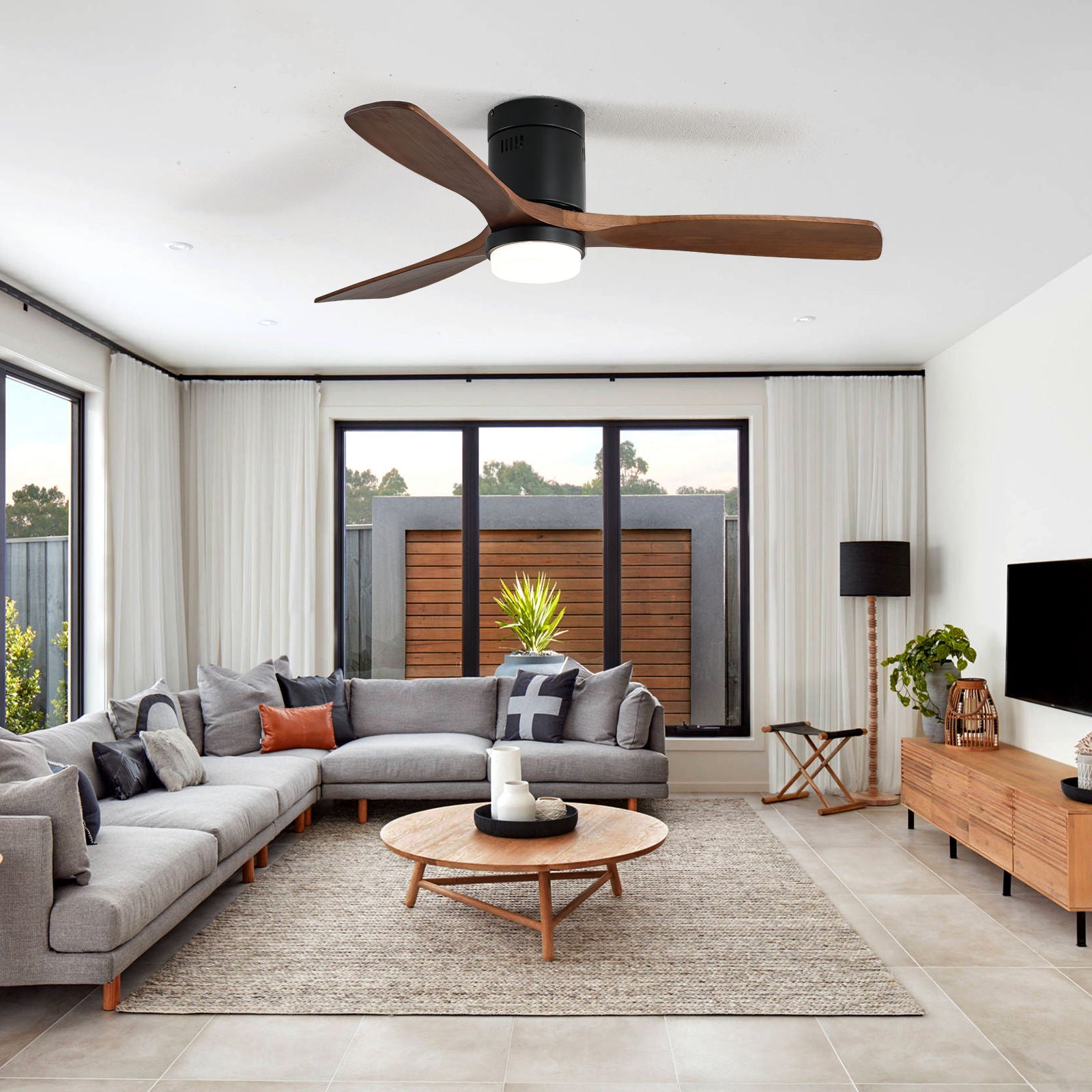 Indoor Ceiling Fan With Lights, Reversible DC Motor, Remote Control - Black