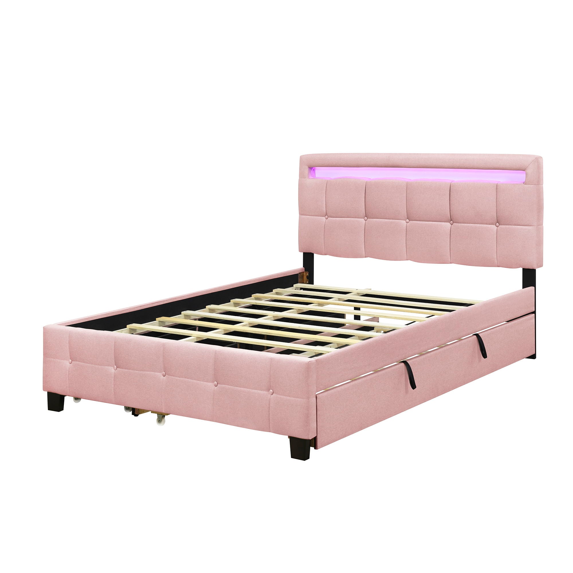 Upholstered Platform Bed With LED Frame, With Trundle And 2 Drawers
