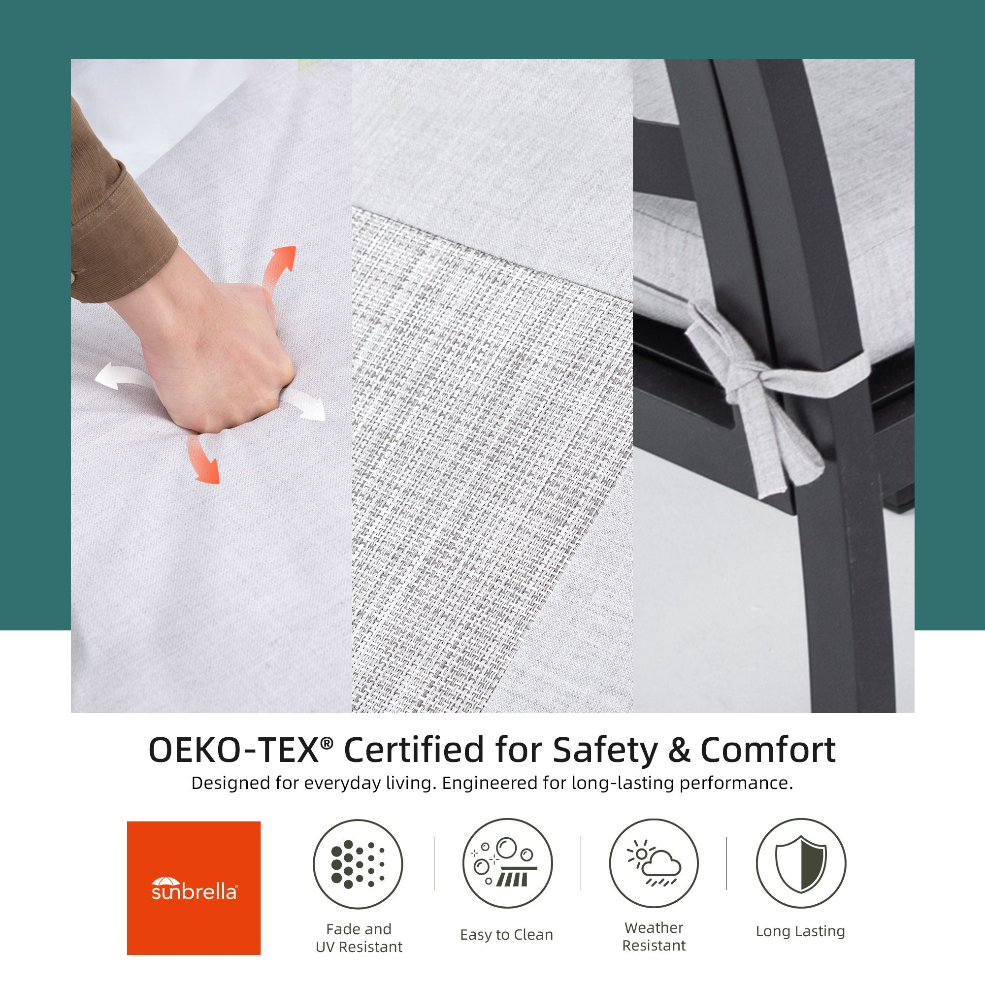 Outdoor Patio Furniture Dining Set With Sunbrella Fabric, Rectangular Table With Umbrella Hole