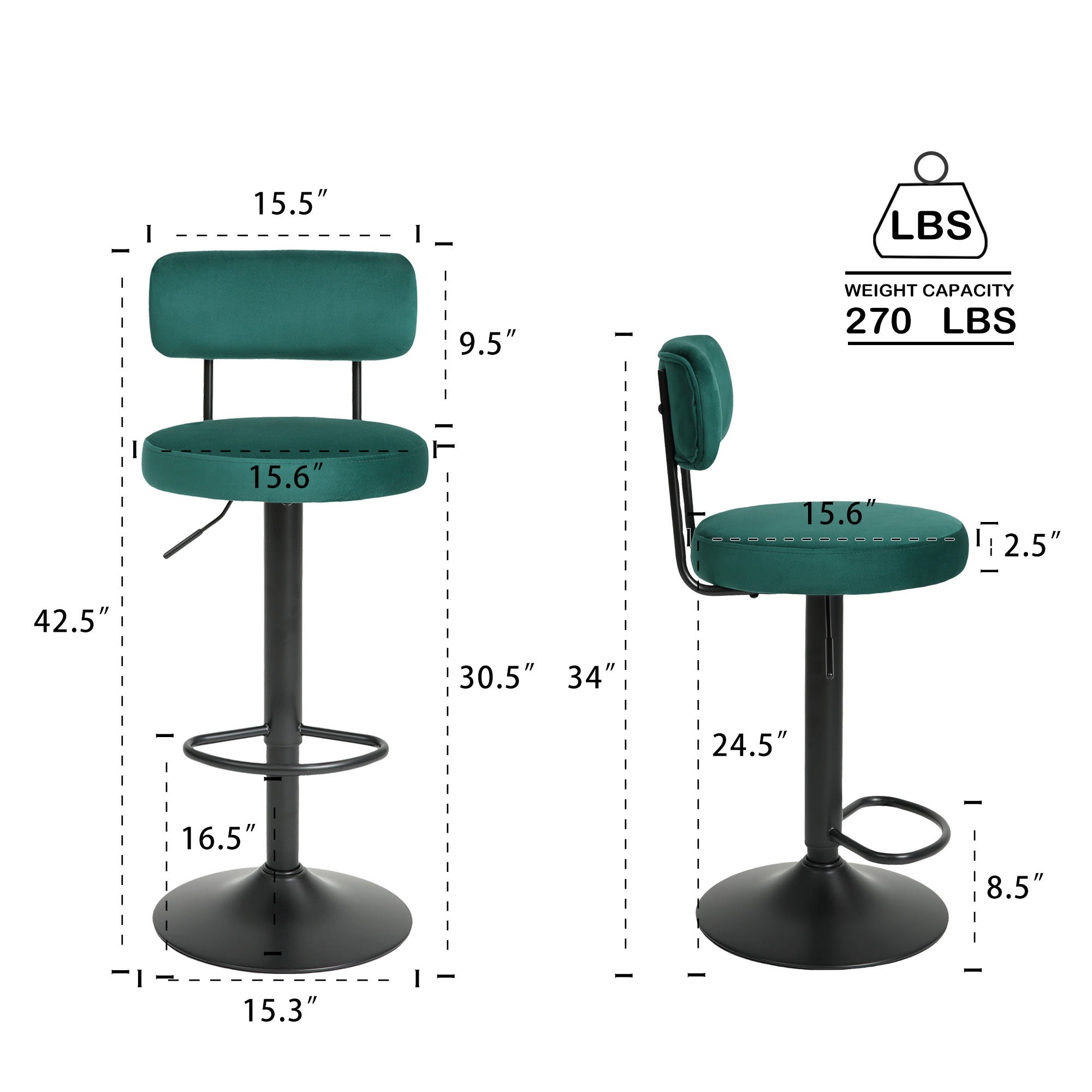 Set of 2 Adjustable Velvet Bar Stools with Curved Backrest & Swivel - Best Buy Furniture