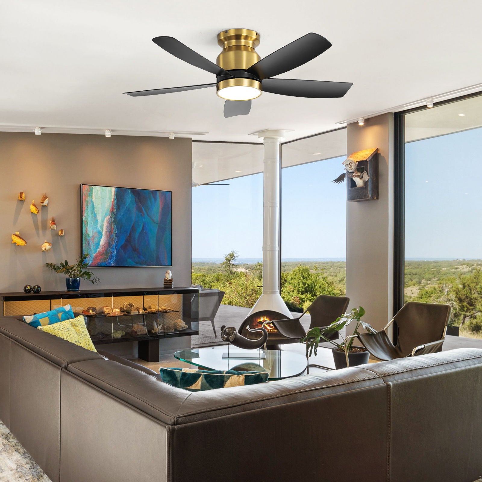 Flush Mount Ceiling Fan With LED Light 22W And Remote Control Blades / Body, DC Motor